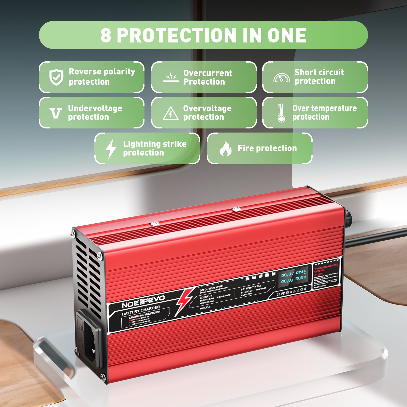 NOEIFEVO 36.5V 10A LiFePO4-batterilader til 32V 10S LiFePO4-batterier, automatisk slukning, OLED-display, aluminiumshus, med blæser.