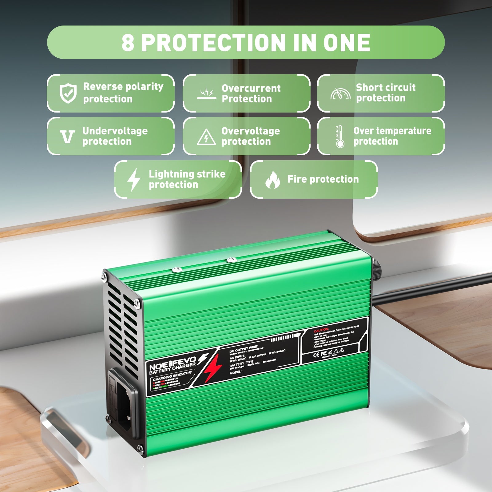 NOEIFEVO 58.4V 3A Caricabatterie LiFePO4 per batteria LiFePO4 16S 48V 51.2V, con ventilatore di raffreddamento, spegnimento automatico (VERDE)
