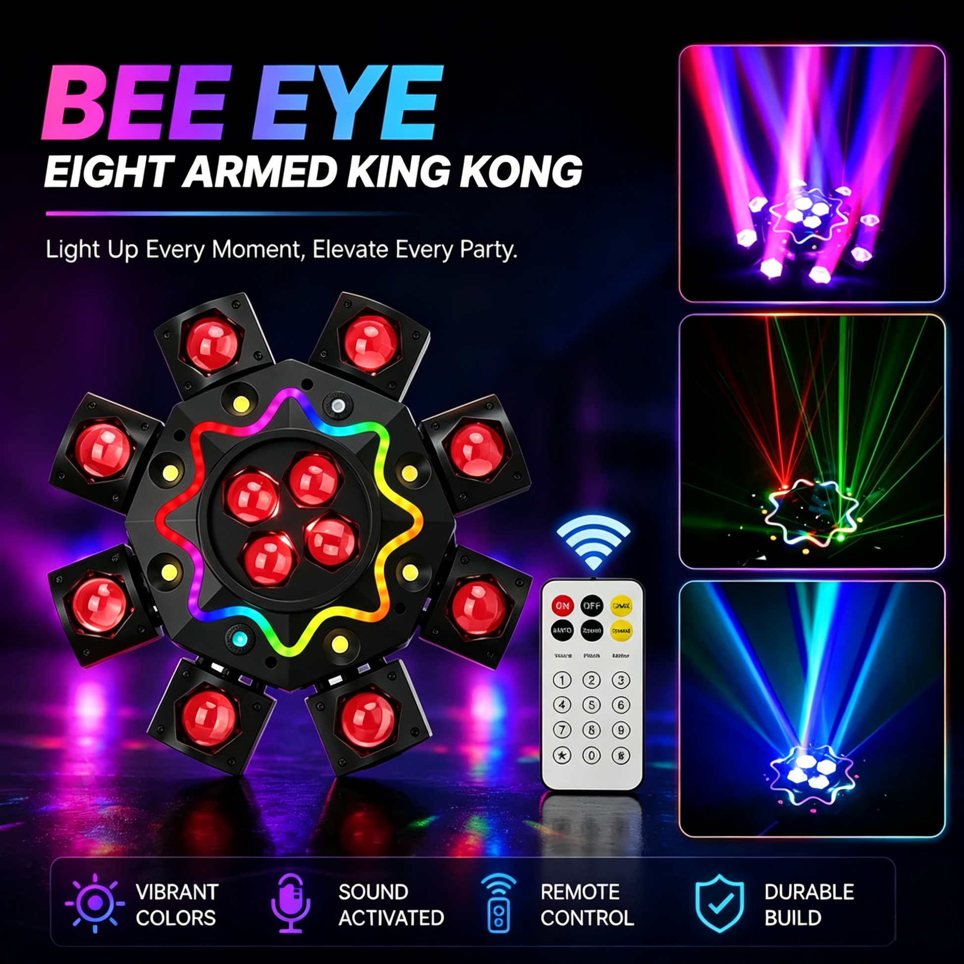 200W 8ramenné moving head světlo včelí oko, DJ pódiové osvětlení s podporou DMX512, RGBW 4 v 1 LED party světlo s dálkovým ovládáním pro svatby, bary, kluby a diskotéky