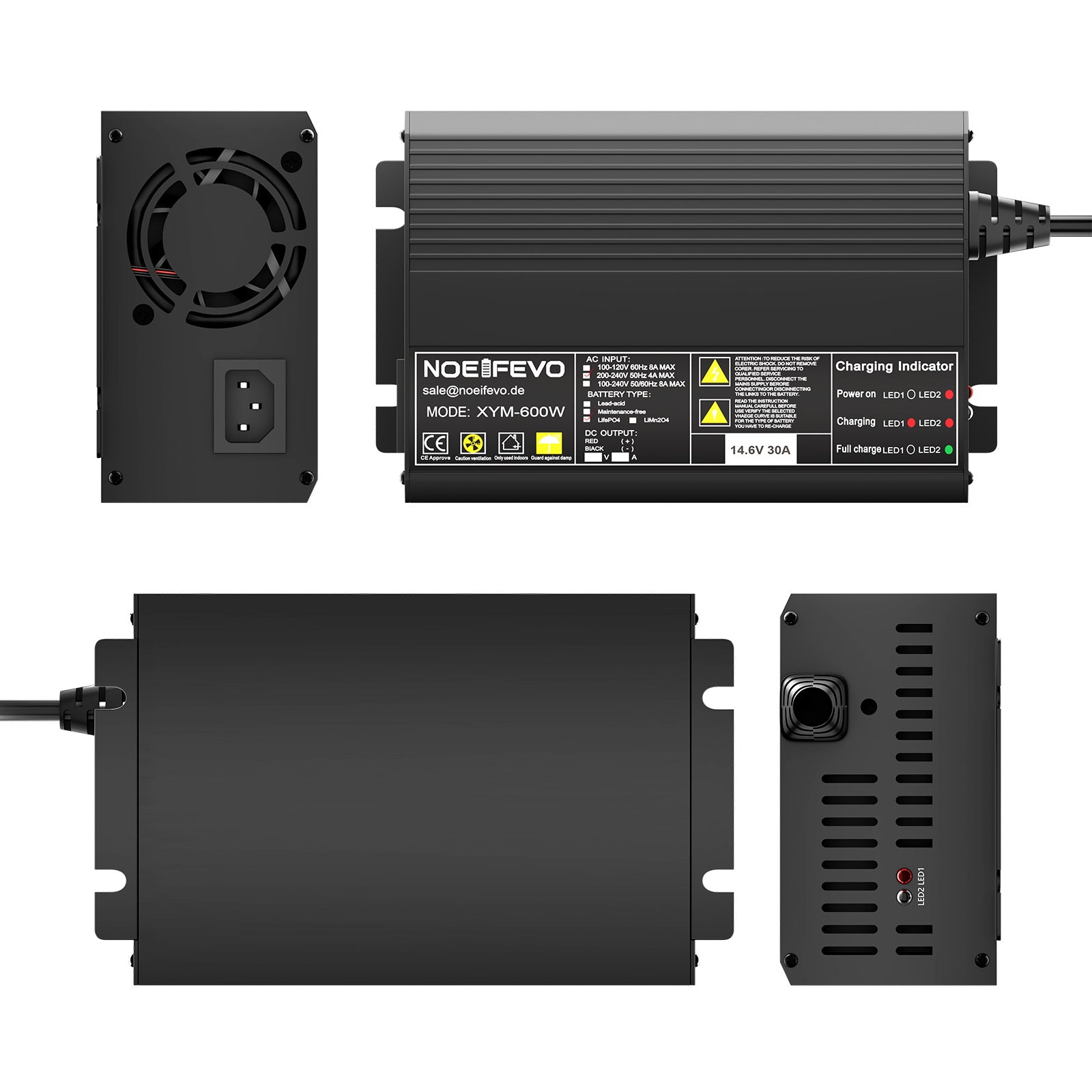 Noeifevo 12V 12,8V 30A Carregador de bateria de lítio LiFePO4, tensão de carregamento 14,6V, ativação 0V BMS, desligamento automático, caixa de alumínio