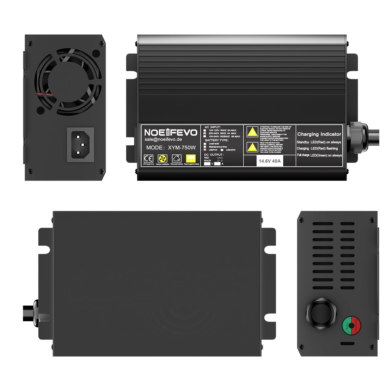 Noeifevo 14.6V 40A LiFePO4 Caricabatteria per 12V(12.8V) LiFePO4 Batteria