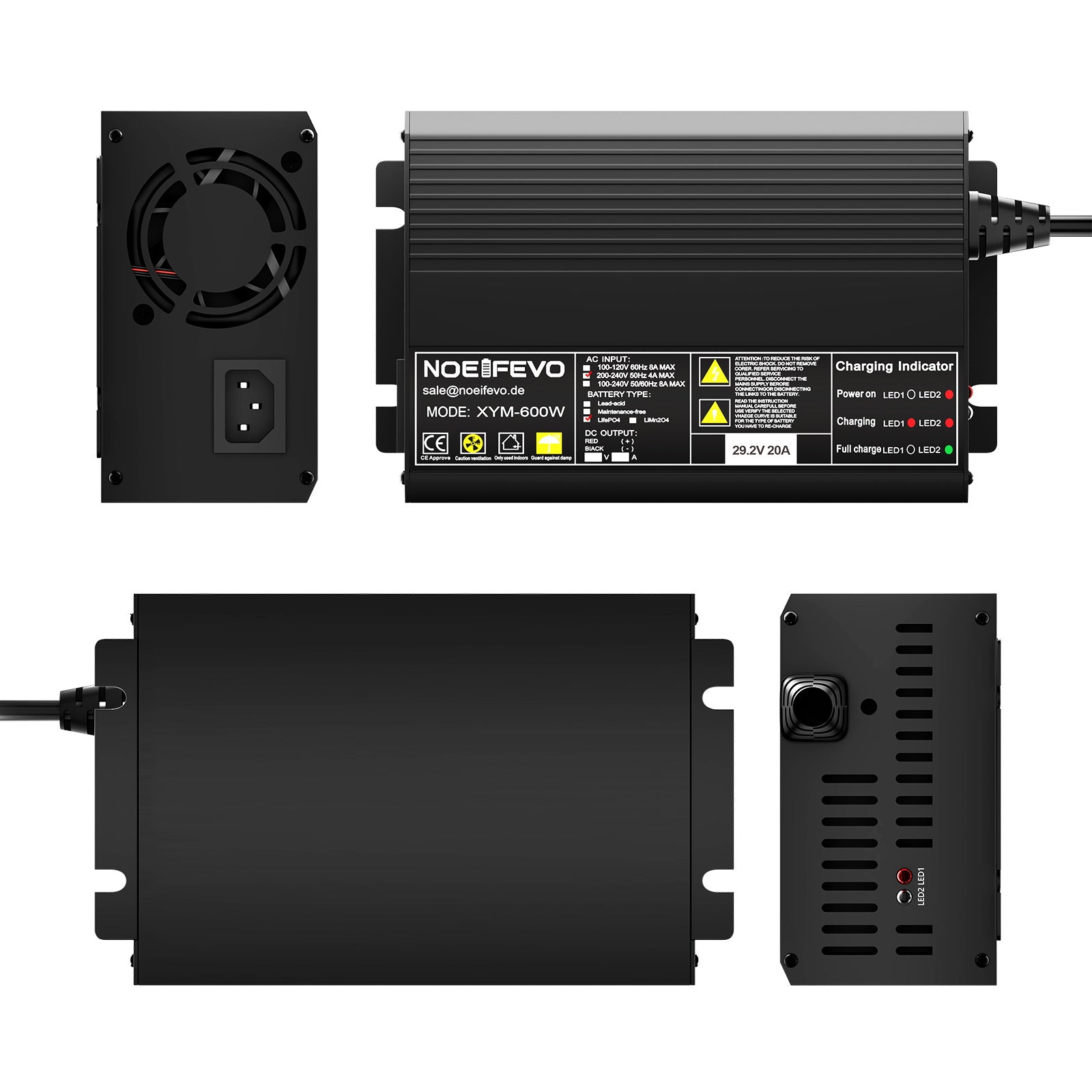 Noeifevo 29.2V 20A LiFePO4 Cargador de batería para 24V 25.6V LiFePO4 Batería