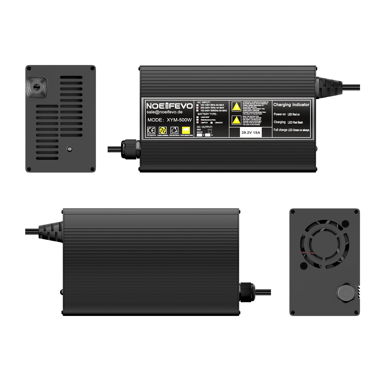 Noeifevo 29,2V 15A LiFePO4 batterioplader til 24V 25,6V lithiumbatteri, 0V BMS aktivering, automatisk nedlukning med fuld beskyttelse