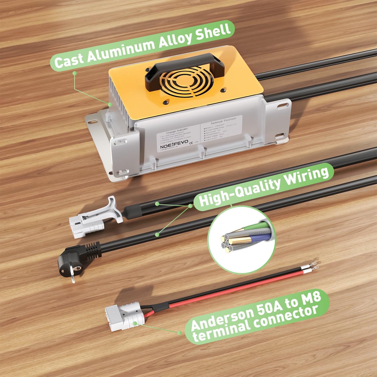 NOEIFEVO 58.4V 30A LiFePO4 Ładowarka do 51.2V(48V) 16S LiFePO4 Battery, wodoodporna, 0V BMS Enabled