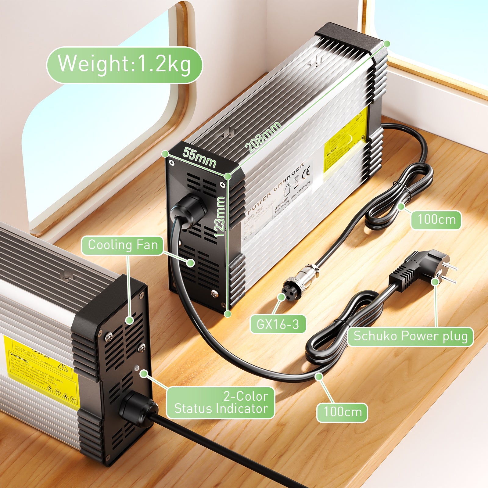 NOEIFEVO 14.6V 20A LiFePO4-batteriladdare för 12V 12.8V 4S LiFePO4-batteri, med kylfläkt, automatisk avstängning.