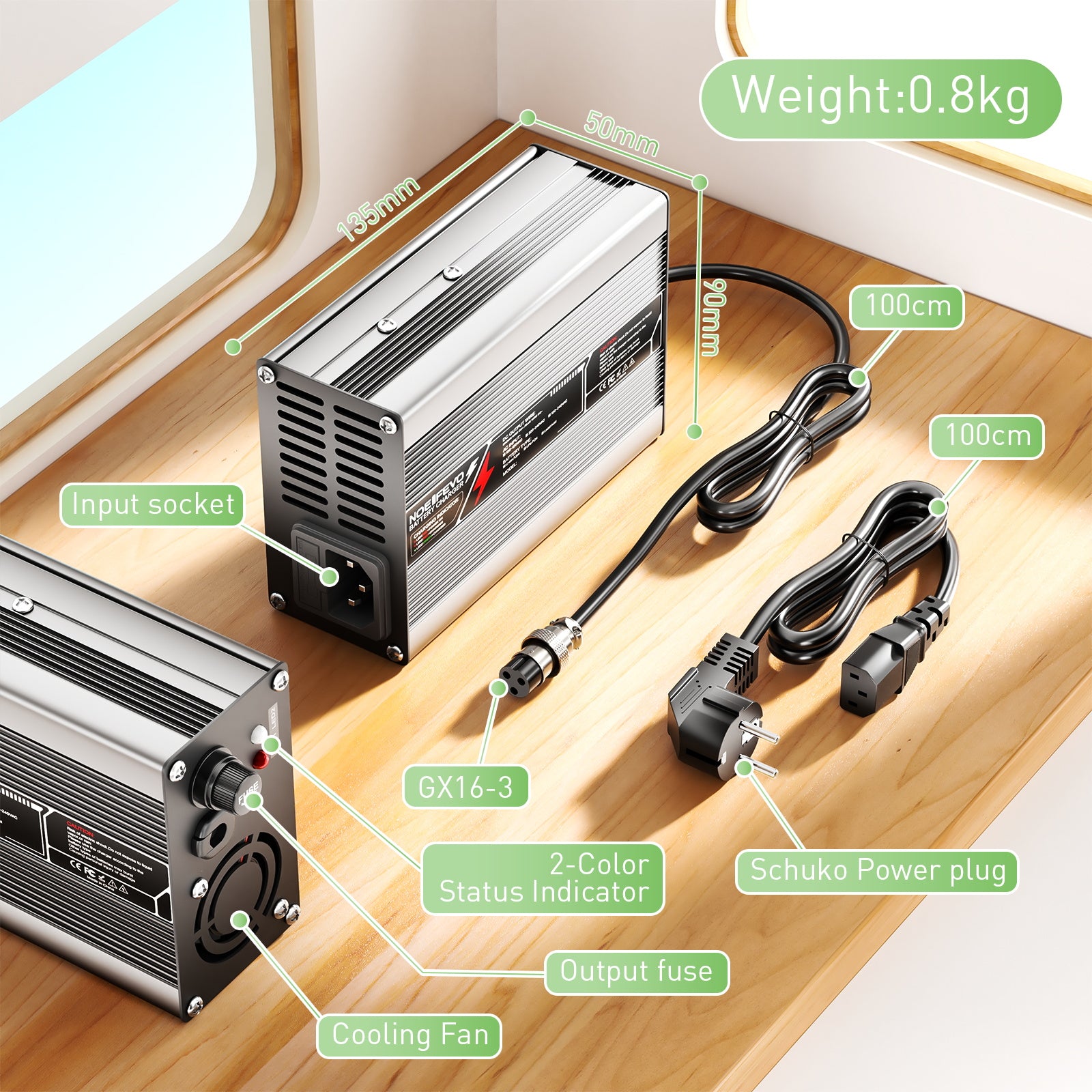 NOEIFEVO מטען לסוללת עופרת-חומצה 55.2V-58.8V 3A עבור סוללת עופרת-חומצה 48V, מאוורר קירור, כיבוי אוטומטי