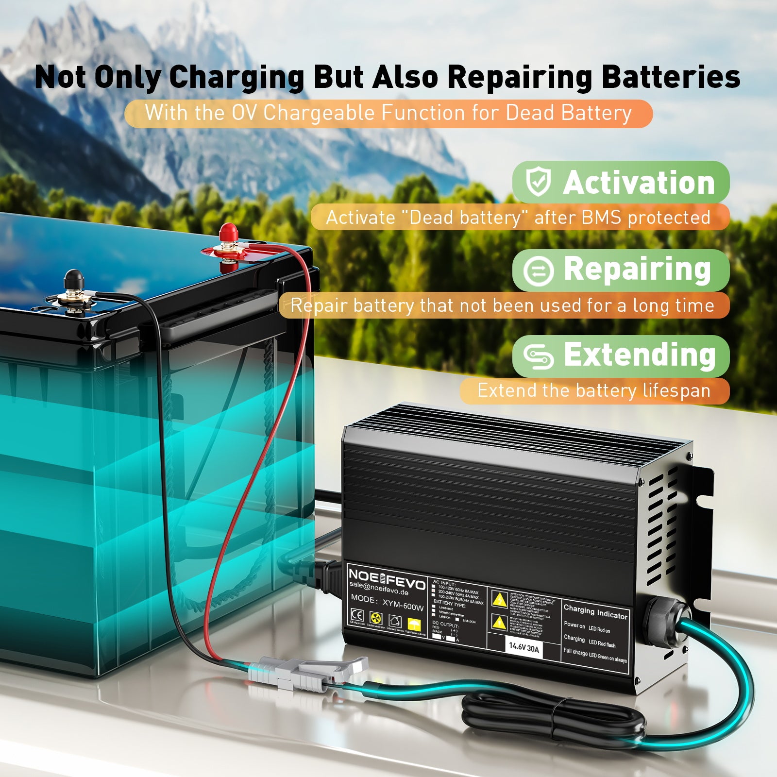 Noeifevo 12V 12.8V 30A Lithium LiFePO4 מטען סוללה, מתח טעינה 14.6V, 0V BMS הפעלה, כיבוי אוטומטי, בית אלומיניום