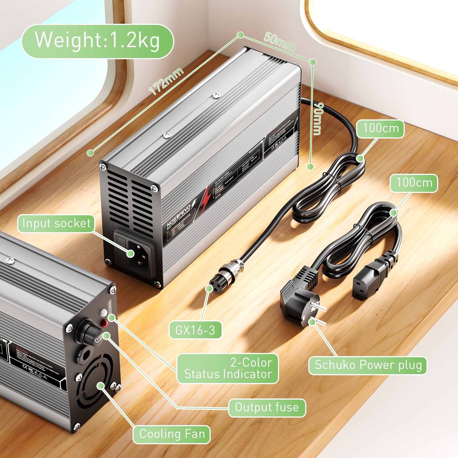 NOEIFEVO 58,8V 8A Ładowarka do akumulatorów litowych dla akumulatorów 51,8V (48V) 14S, automatyczne wyłączenie, obudowa aluminiowa, z wentylatorem (srebrna).