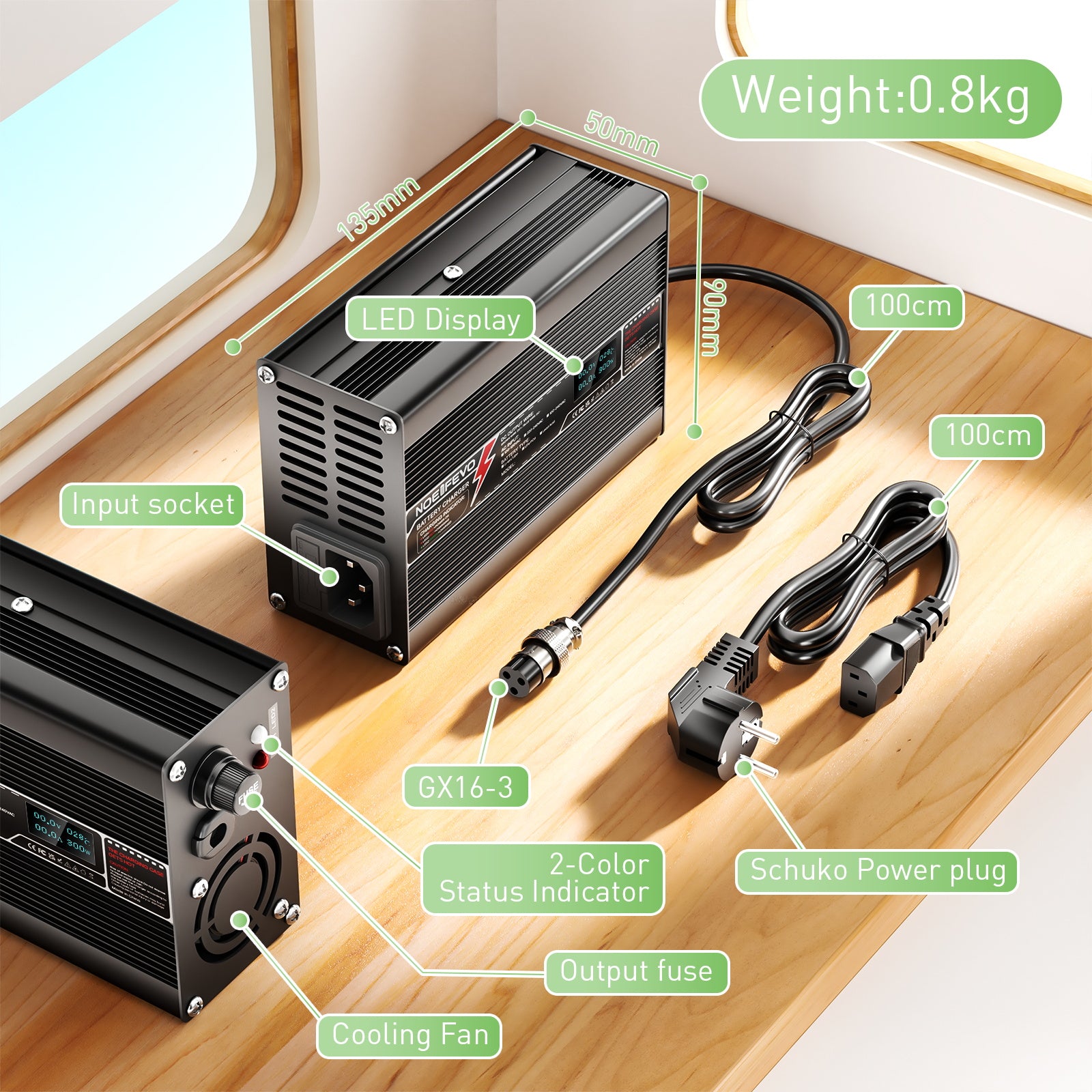 מטען ליתיום NOEIFEVO 33.6V 5A עבור סוללות Li-Ion Lipo 8S 29.6V, עם תצוגת LCD, מאוורר קירור, וכיבוי אוטומטי.