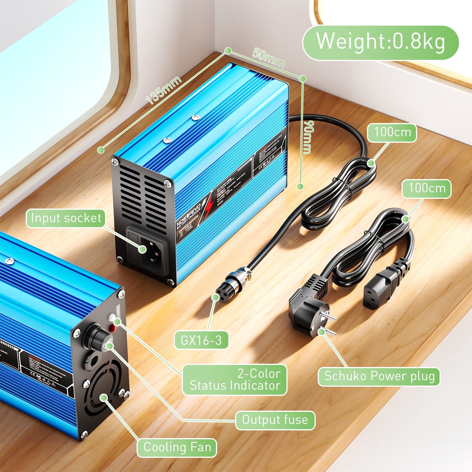 NOEIFEVO 42V 2A 3A 3.5A 4A Lithium-Ladegerät für 10S 37V Li-Ion Lipo-Batterien, Kühlventilator, automatischer Abschaltung（BLUE）