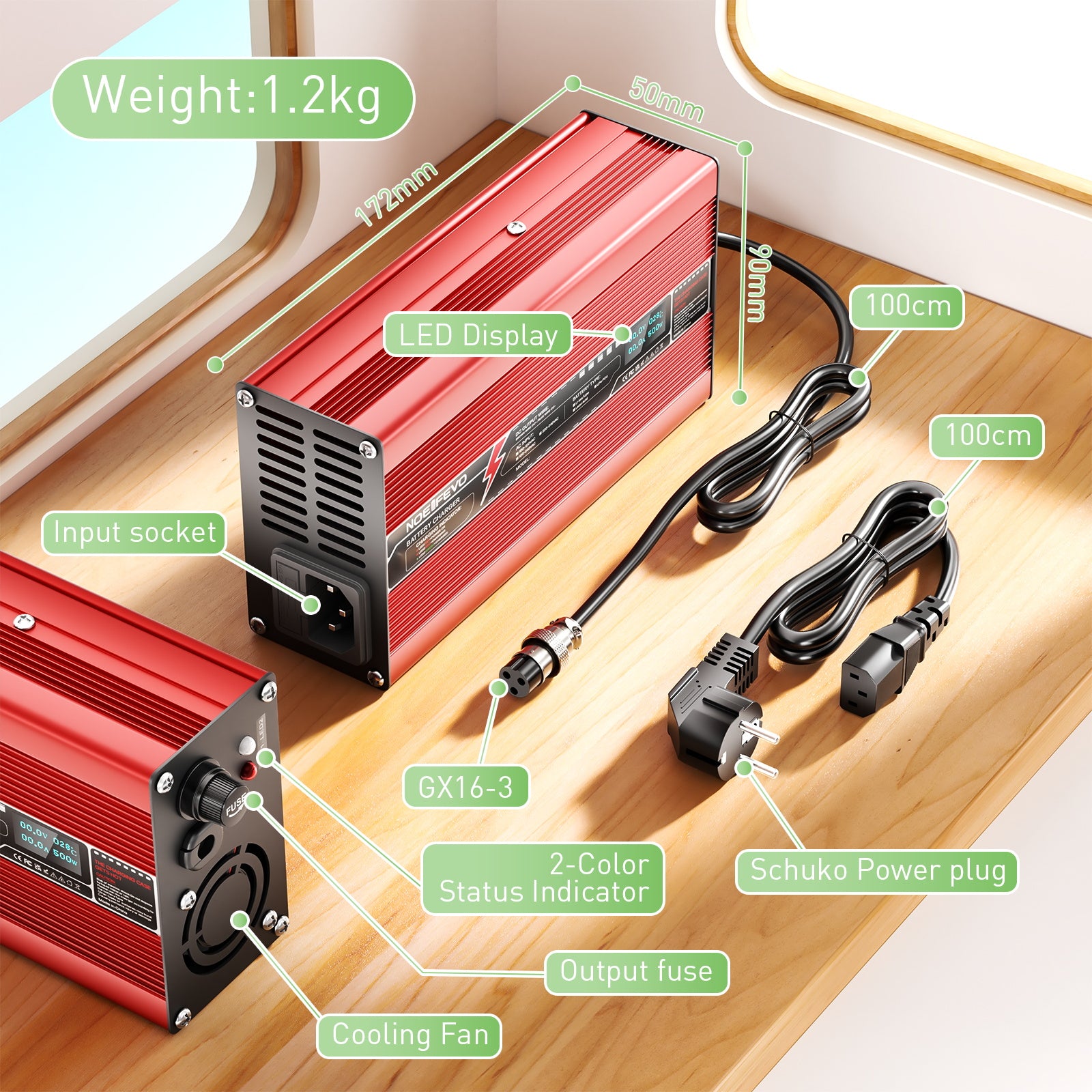 NOEIFEVO 29.2V 15A LiFePO4-Batterieladegerät für 25.6V 8S LiFePO4 Batterien, automatische Abschaltung, OLED-Display, Aluminiumgehäuse, mit Lüfter