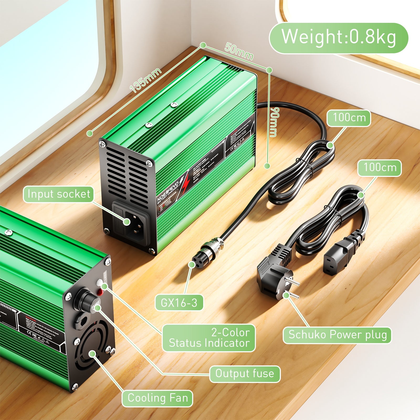 NOEIFEVO 58.4V 3A Caricabatterie LiFePO4 per batteria LiFePO4 16S 48V 51.2V, con ventilatore di raffreddamento, spegnimento automatico (VERDE)
