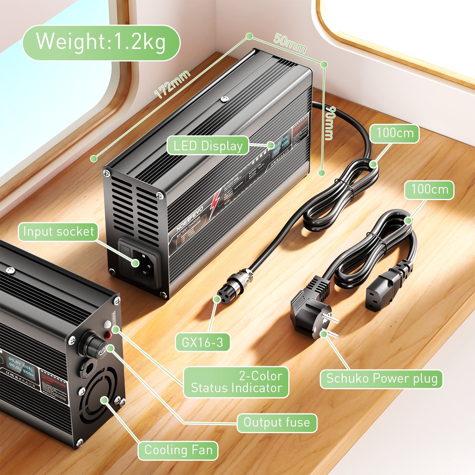 NOEIFEVO 50.4V 8A Ładowarka do akumulatorów litowo-jonowych dla akumulatorów 12S 44.4V, z wyświetlaczem LED, obudową aluminiową, wentylatorem
