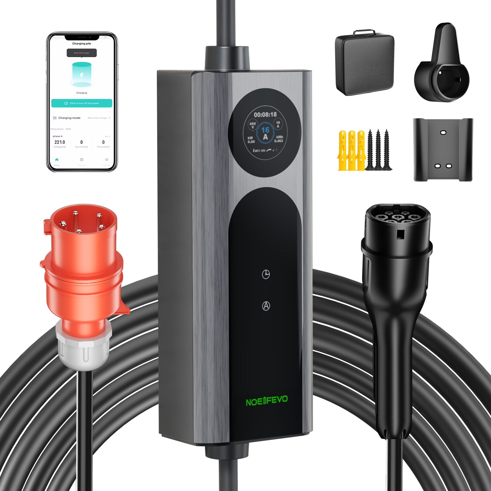 NOEIFEVO Q21W Wlan carregador de carro elétrico móvel Wallbox 11kW com controlo remoto APP, cabo de carregamento trifásico 5m/10m Tipo2 CEE16A 