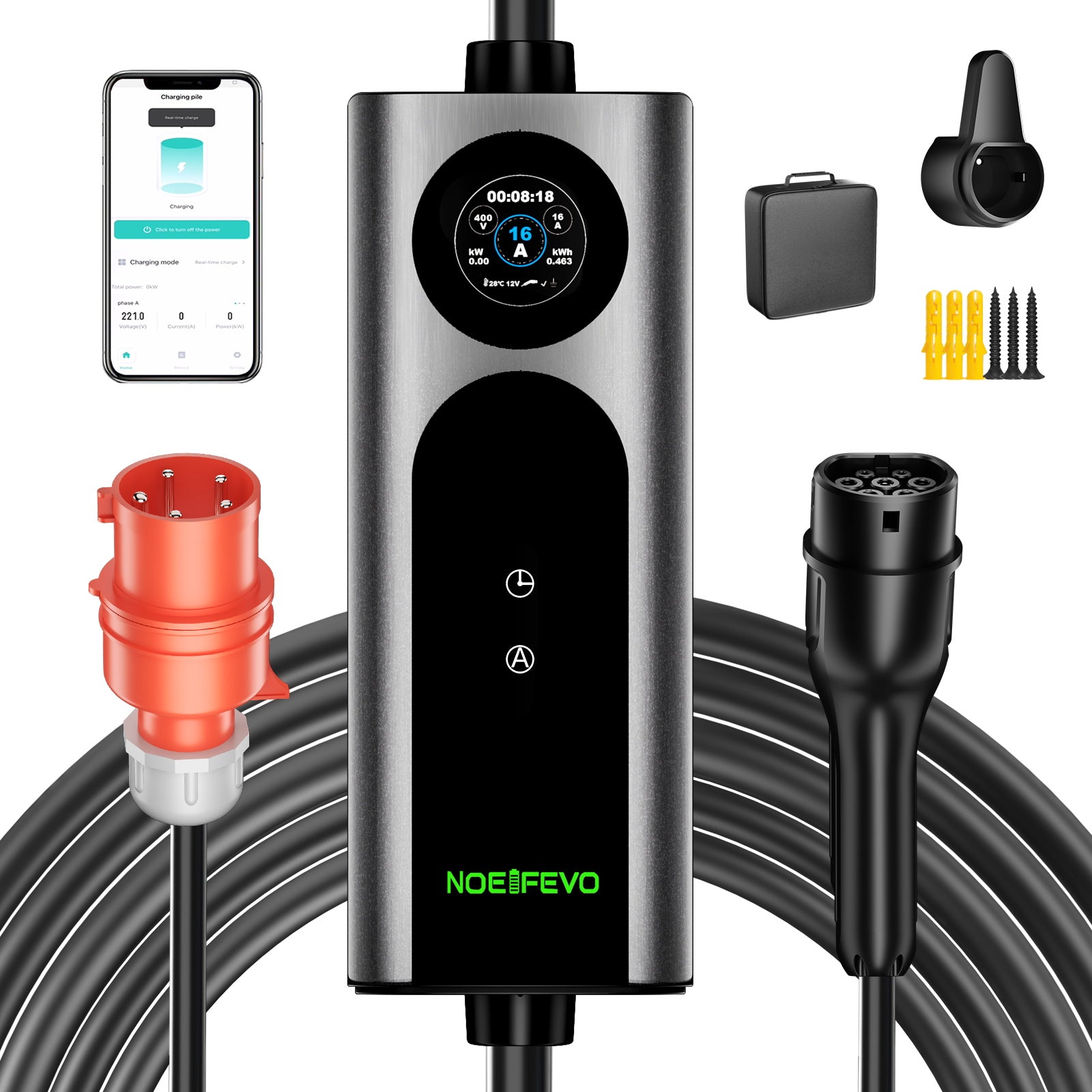 Noeifevo Type 2 Mobil EV Wallbox, 11KW 3-fas CEE16A Justerbar Laddningskraft EV-laddare, 5m/10m/15m EV-laddkabel för Model Y/3, ID.3/4/5, MG4, EX30, e-up, e-tron, Zoe och andra elbilar.
