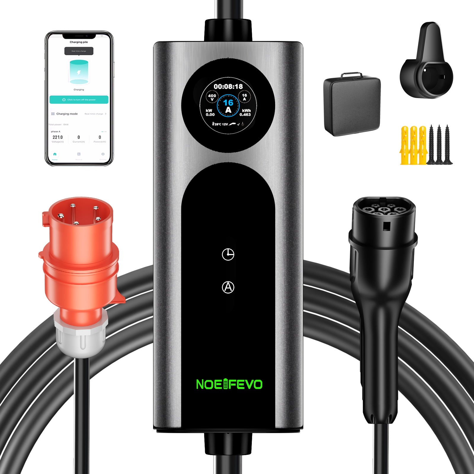 Noeifevo Type 2 Mobil EV Wallbox, 11KW 3-fas CEE16A Justerbar Laddningskraft EV-laddare, 5m/10m/15m EV-laddkabel för Model Y/3, ID.3/4/5, MG4, EX30, e-up, e-tron, Zoe och andra elbilar.
