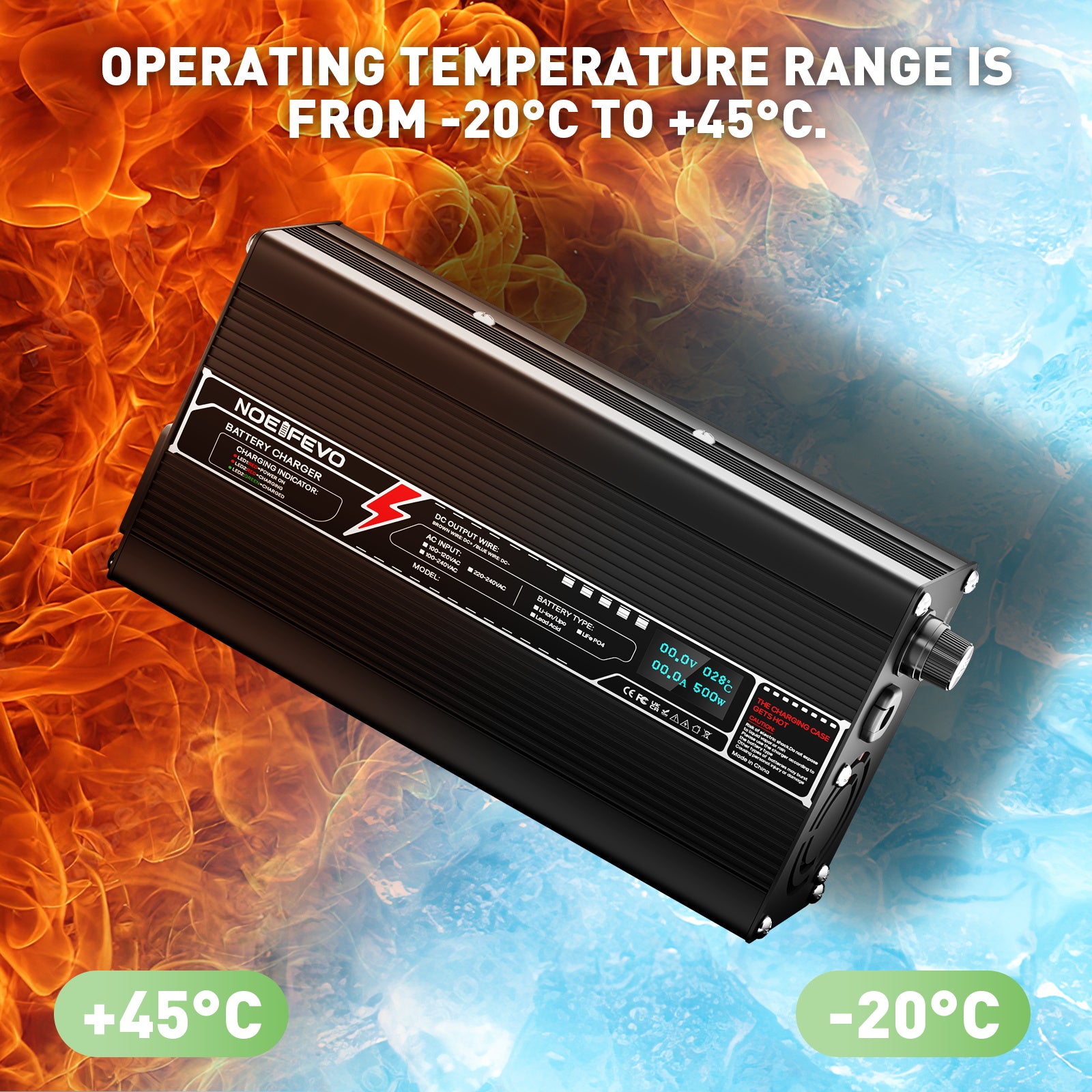 NOEIFEVO 46.2V 10A Litiumladdare för 11S 40.7V batteri, LED-display, aluminiumhölje, fläkt