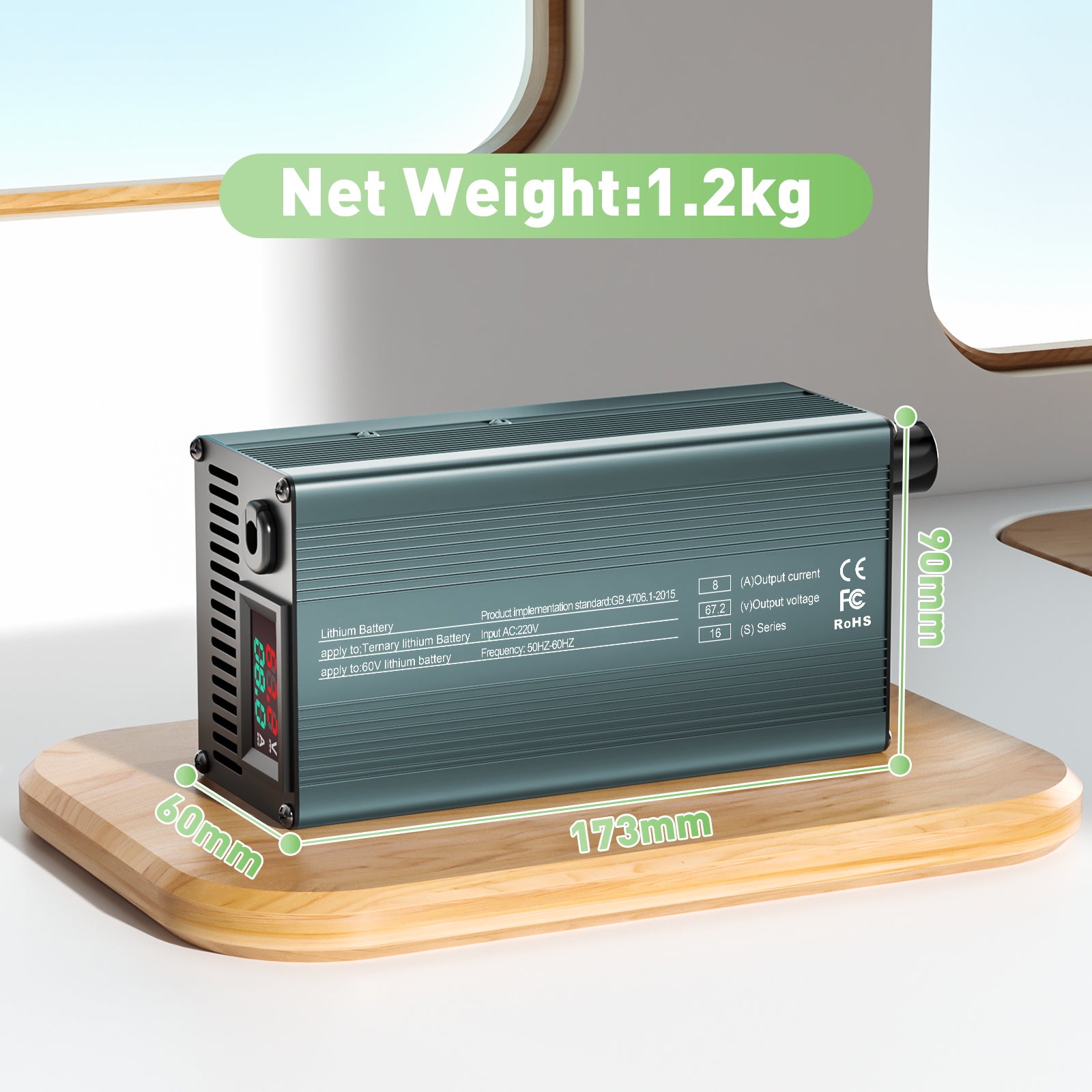 NOEIFEVO 67.2V 8A 16S Lithium-batterilader til 16S 60V Li-ion batterier, strømindstilling 1-8A, langsom opladning og hurtig opladning (MLC1300)