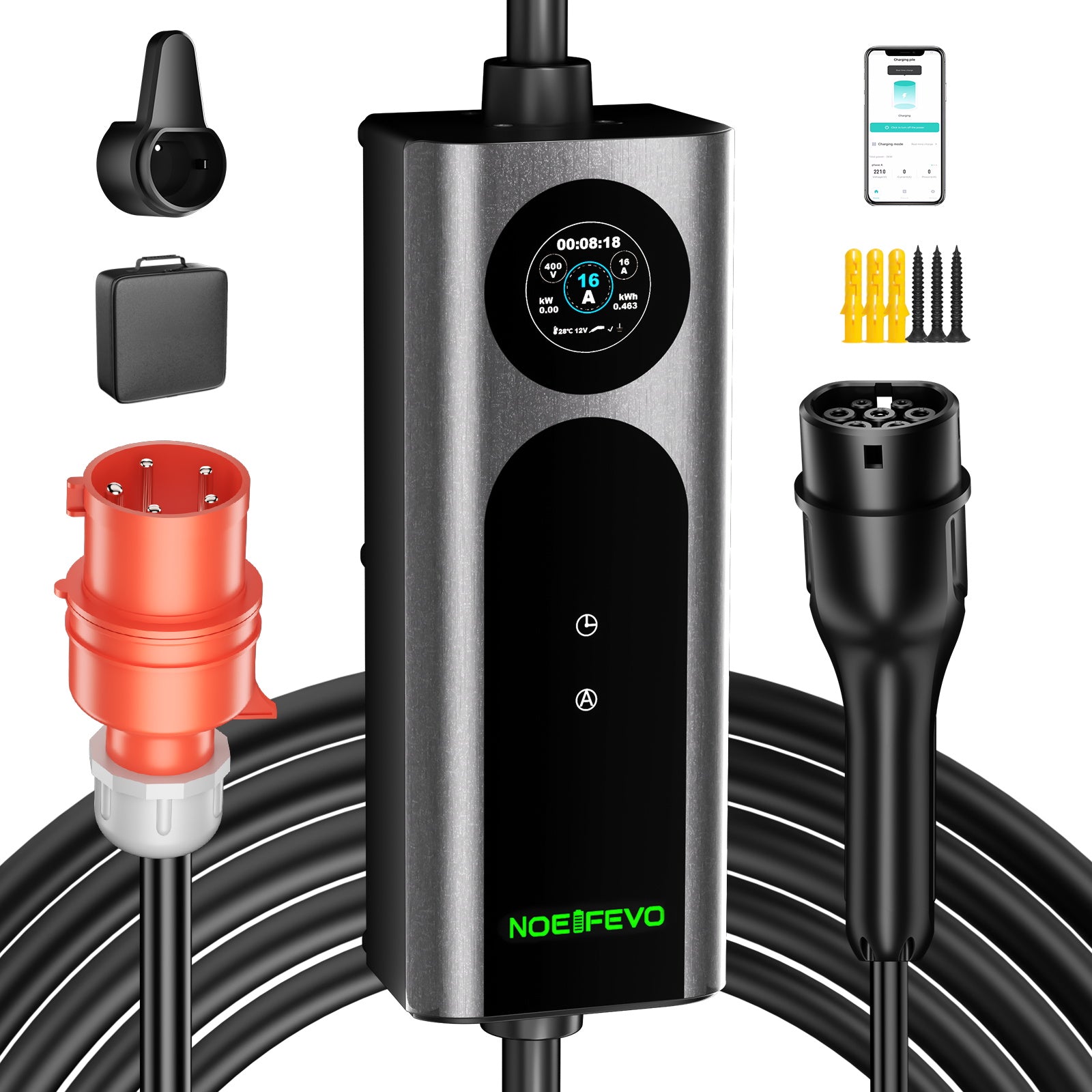 NOEIFEVO Q21W Wlan ładowarka samochodowa Wallbox 11kW z pilotem zdalnego sterowania APP, 3-fazowy kabel ładujący 5 m/10 m Type2 CEE16A 