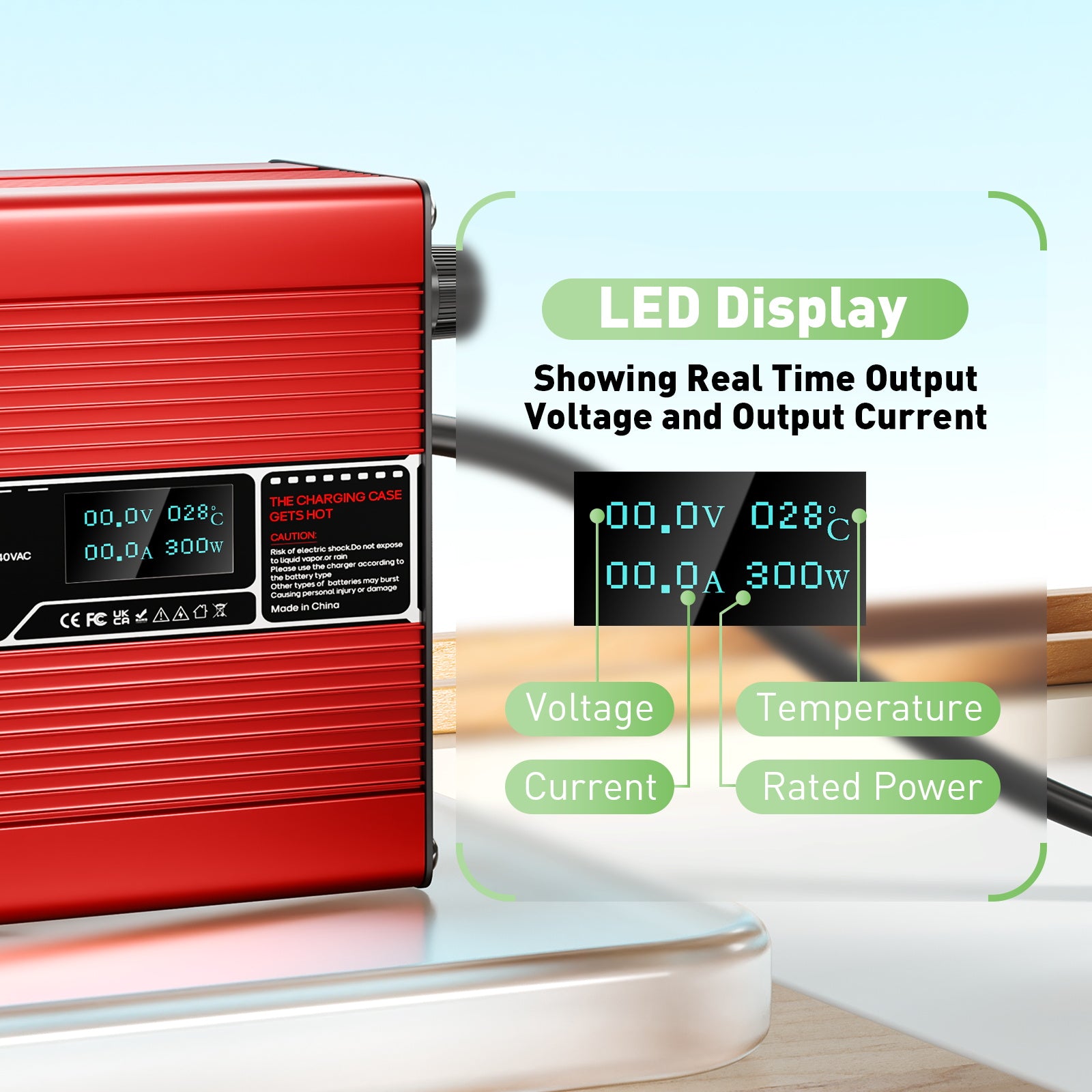 NOEIFEVO 58.8V 2A 2.5A 3A Caricabatterie al litio per batterie 14S 51.8V Li-Ion Lipo, con display LCD, ventola di raffreddamento, spegnimento automatico (ROSSO)