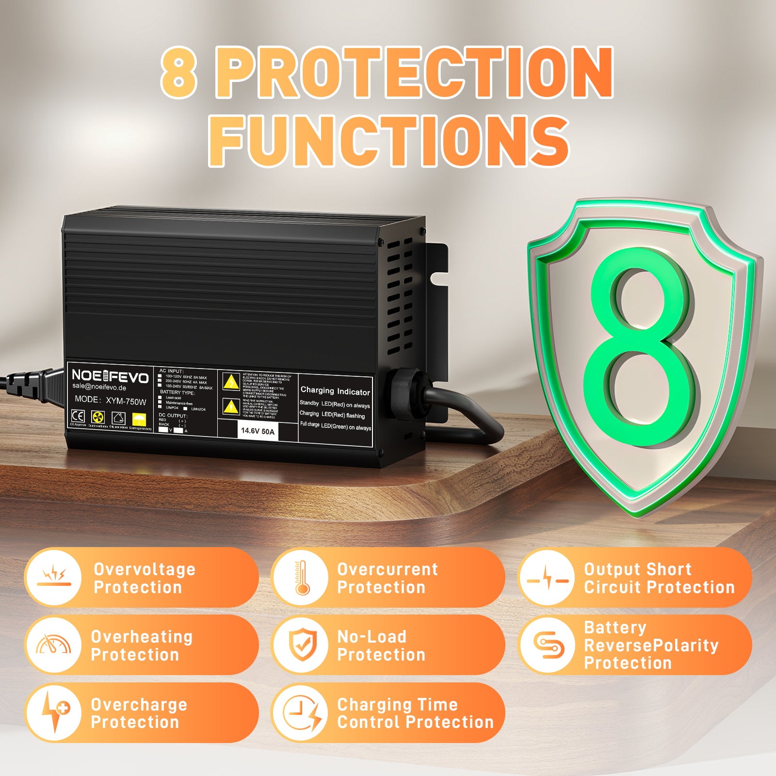 LiFePO4 rápido Noeifevo de 14,6 V y 50A litio de batería de Cargador para batería LiFePO4 de 12 V (12,8 V), activación de BMS de 0 V, apagado automático con protección total