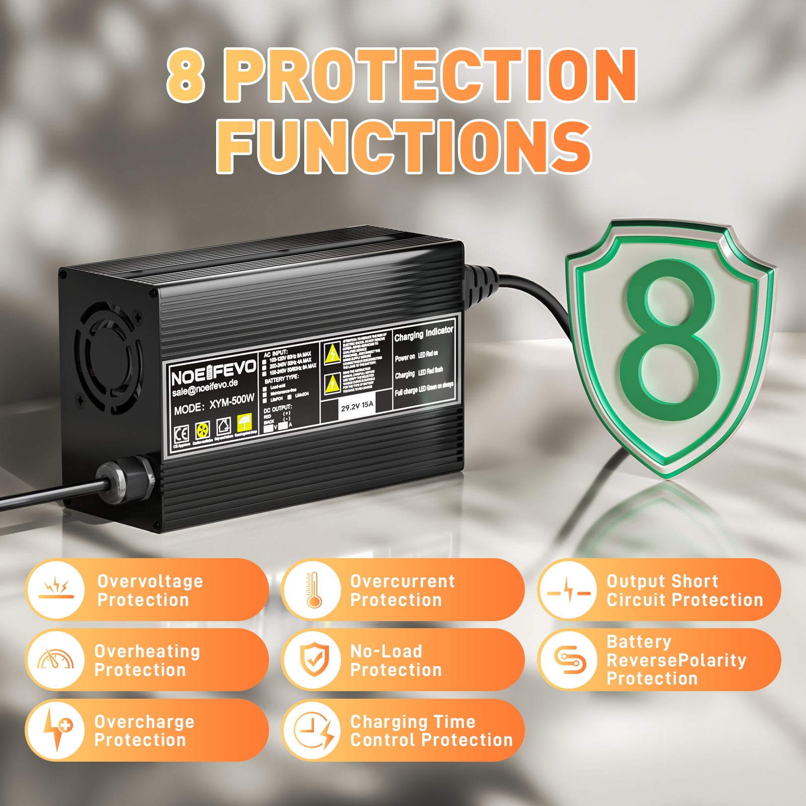 מטען סוללות Noeifevo 29.2V 15A LiFePO4 לסוללת ליתיום 24V 25.6V, הפעלת BMS 0V, כיבוי אוטומטי עם הגנה מלאה