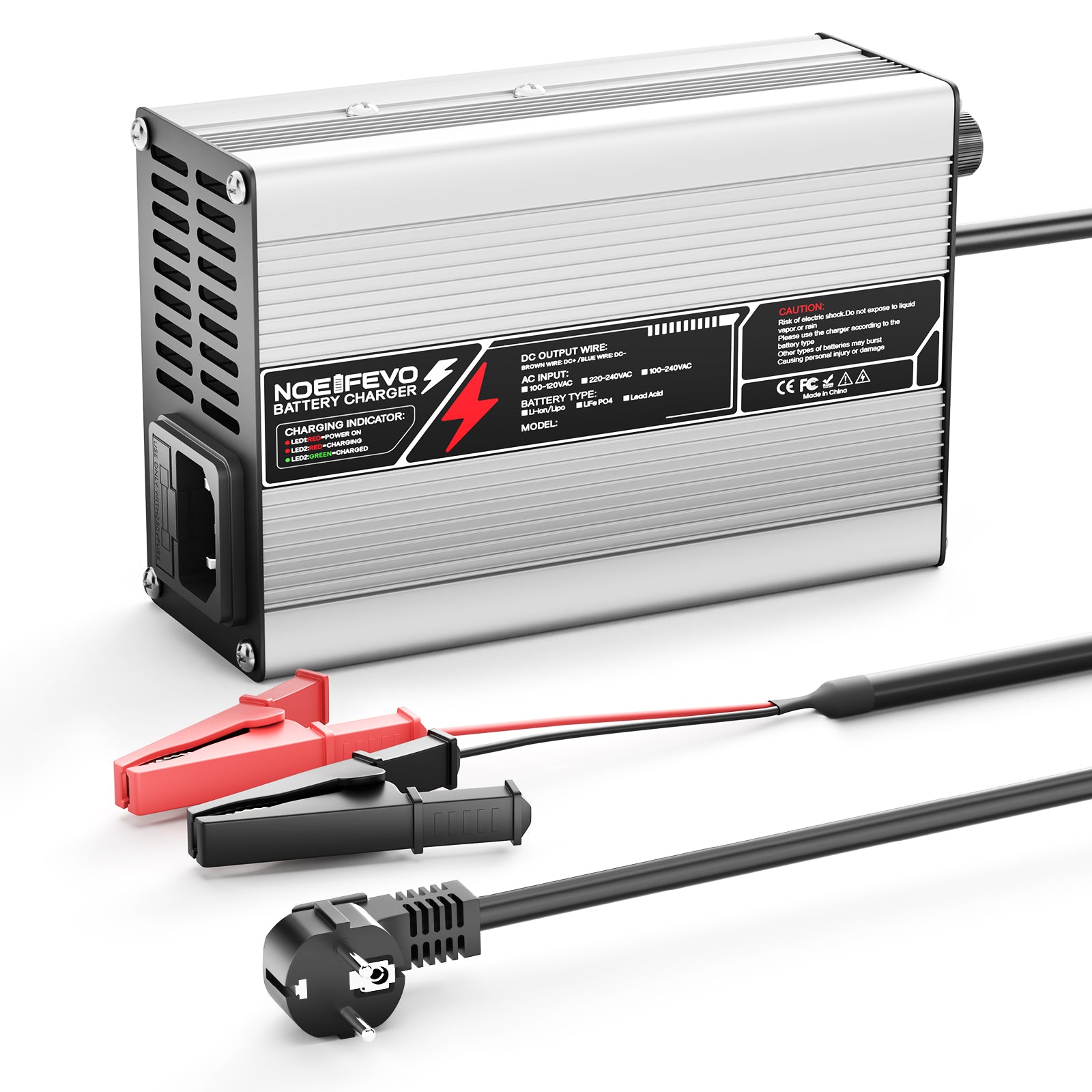 NOEIFEVO 33,6V 2A 3A 4A 5A Lithium-oplader til 8S 29,6V Li-Ion Lipo-batterier, med køleventilator, automatisk slukning