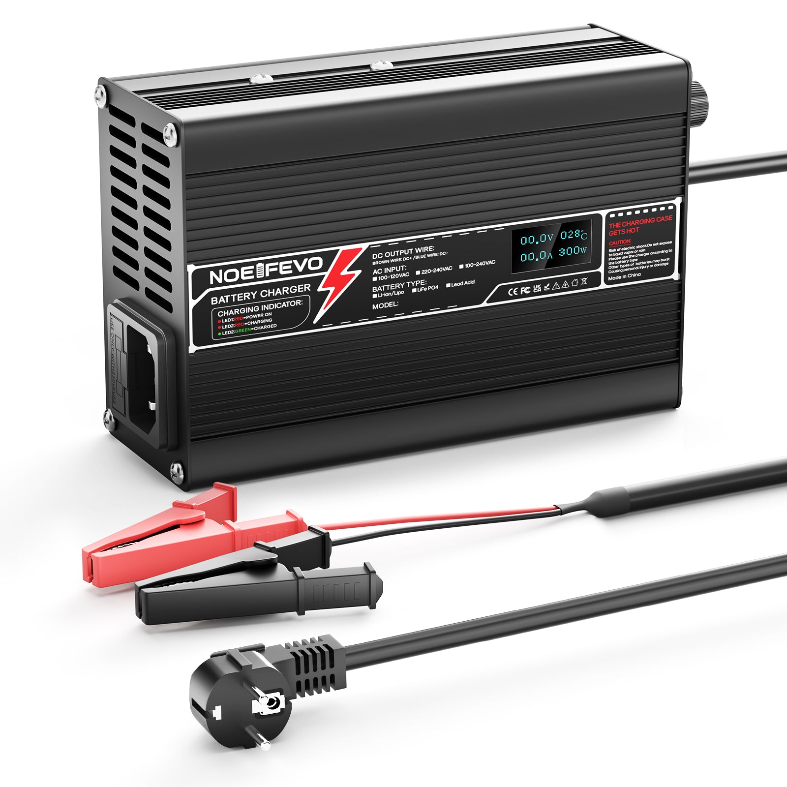 NOEIFEVO מטען ליתיום 29.2V 10A עבור סוללת Li-Ionen Lipo 7S 25.9V, מטען לאופניים חשמליים, תצוגת LED, גוף אלומיניום, מאוורר