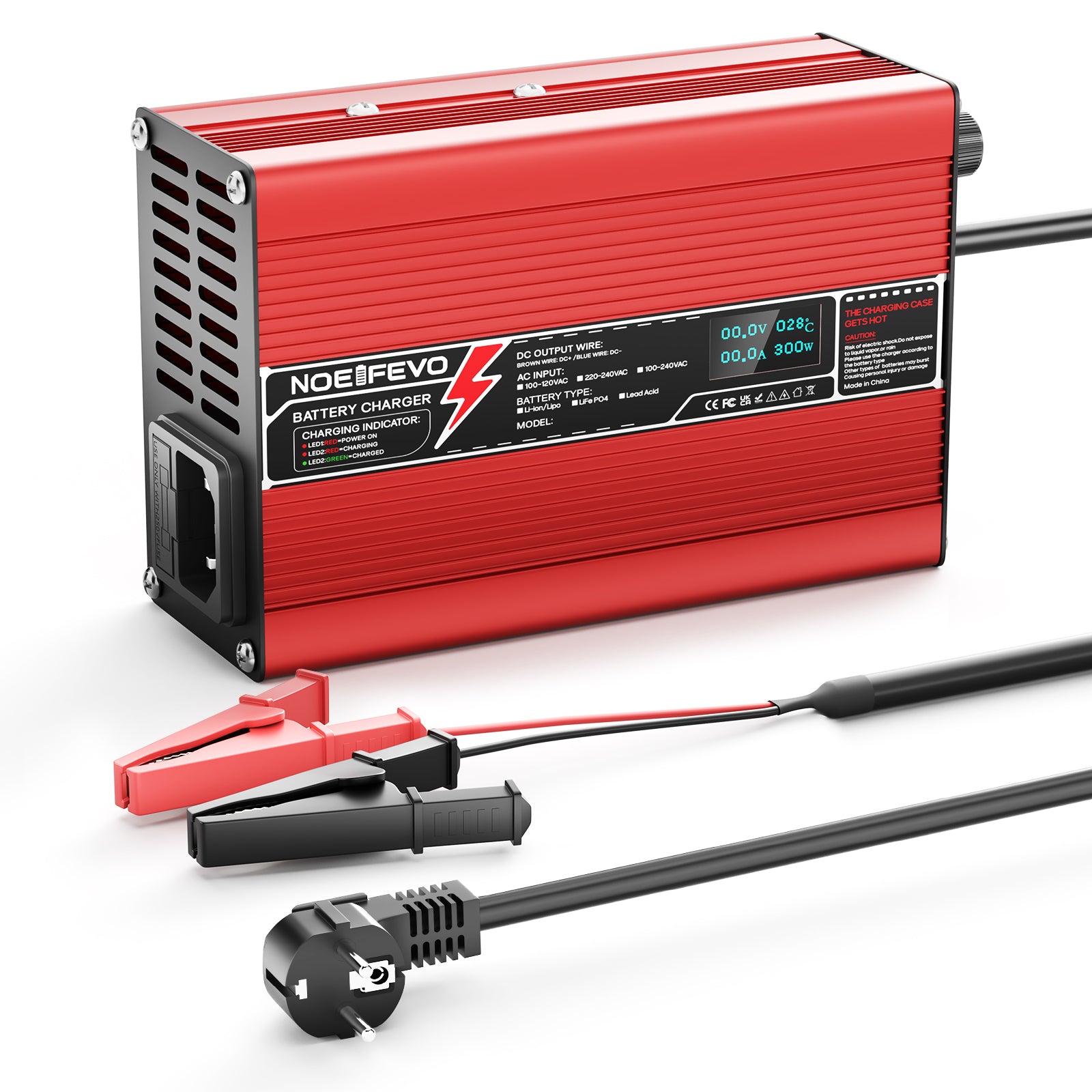 NOEIFEVO 50.4V 2A 2.5A 3A Lithium-lader til 12S 44.4V Li-Ion Lipo-batterier, med køleventilator, automatisk slukning (RØD)