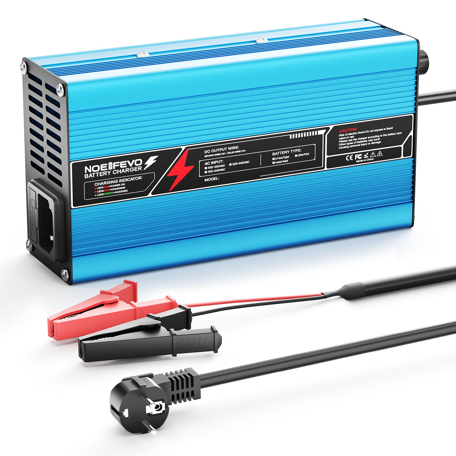 NOEIFEVO 42V 10A 10S Lithium-Batterieladegerät, für 10S 37V Li-Ion Batterie, automatische Abschaltung, Aluminiumgehäuse, mit Lüfter(blau)