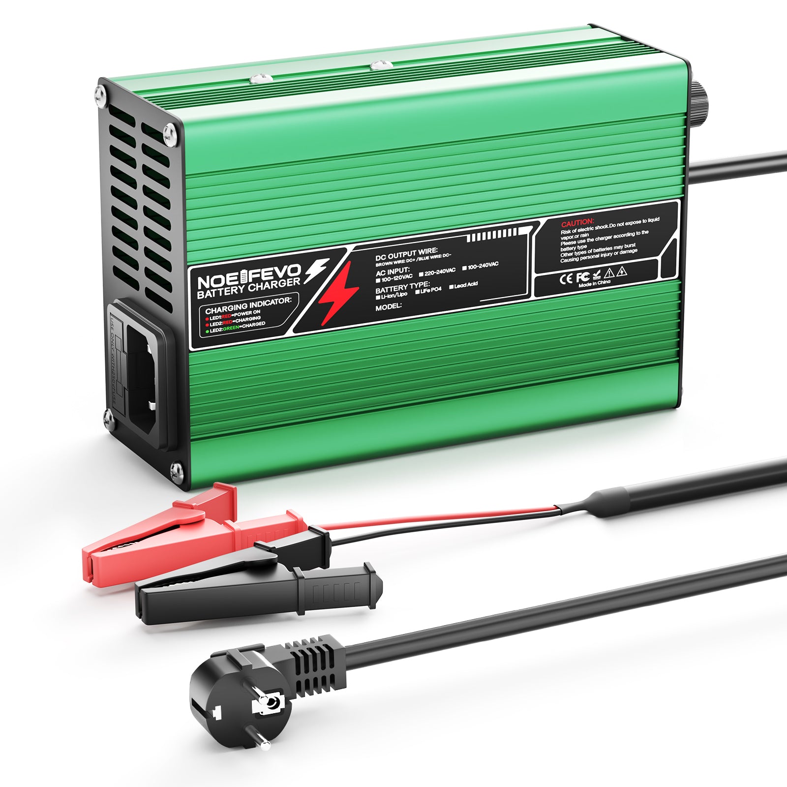 NOEIFEVO 12.6V 5A 6A 7A 8A 10A מטען ליתיום עבור סוללות Li-Ion Lipo 3S 11.1V, מאוורר קירור, כיבוי אוטומטי (ירוק)