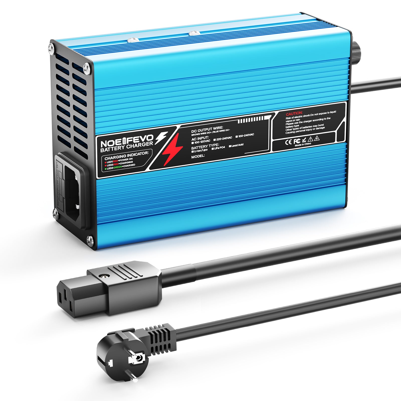 El cargador de batería de litio NOEIFEVO 54.6V 2A 2.5A 3A para baterías Li-Ion Lipo 13S 48.1V, con ventilador de refrigeración y apagado automático (AZUL).