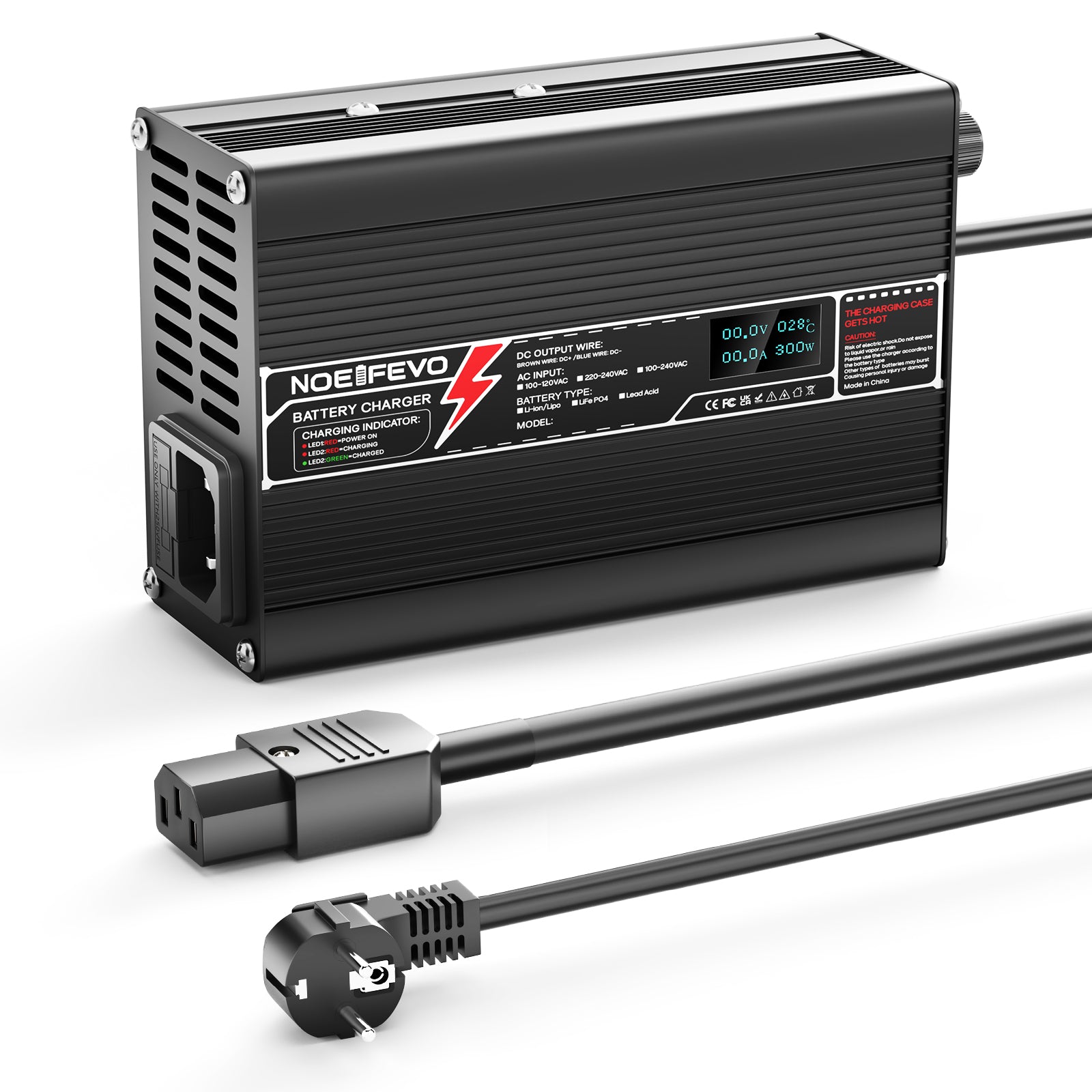 NOEIFEVO 50.4V 2.5A litiumladdare för 12S 44.4V Li-Ion Lipo-batterier, med LCD-display, kylfläkt, automatisk avstängning