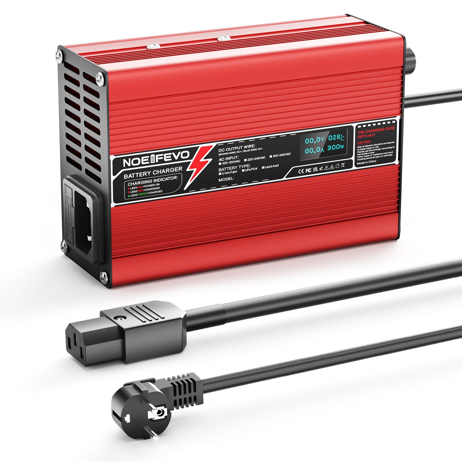 NOEIFEVO 29.4V 2A 3A 4A 5A Lithium-Ladegerät für 7S 25.9V Li-Ion Lipo-Batterien,Kühlventilator, automatischer Abschaltung（RED）