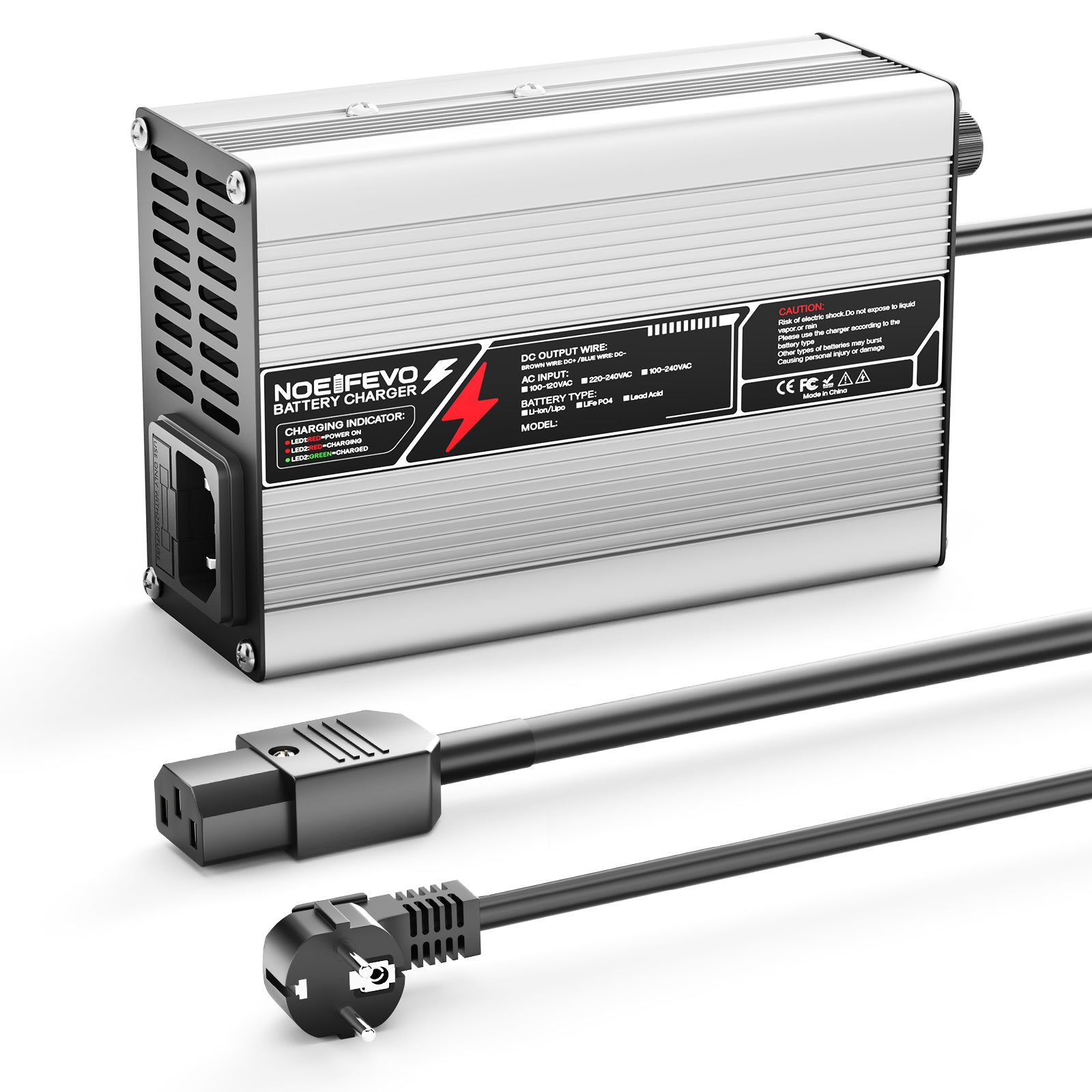 NOEIFEVO 33,6V 2A 3A 4A 5A Lithium-oplader til 8S 29,6V Li-Ion Lipo-batterier, med køleventilator, automatisk slukning