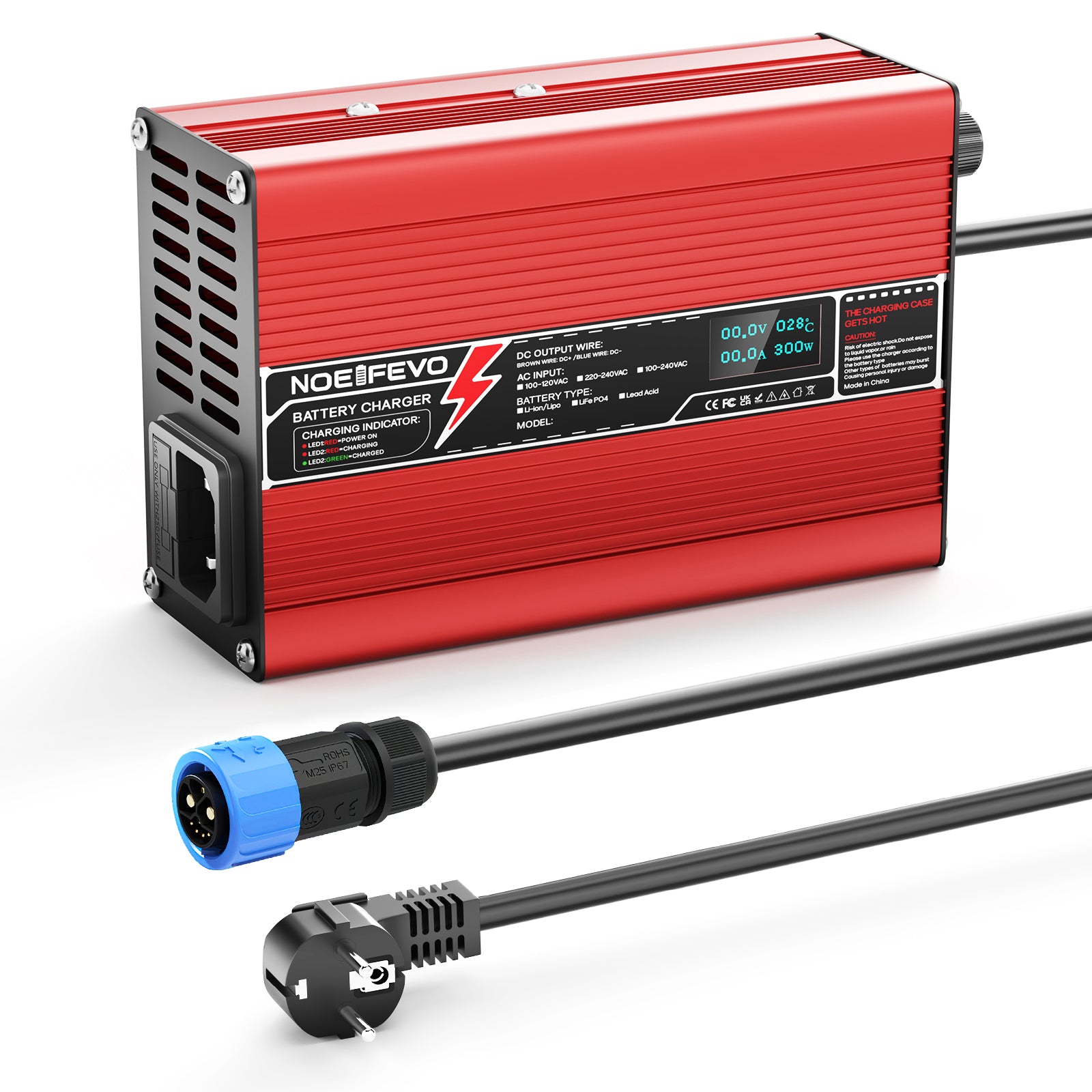 NOEIFEVO 50.4V 2A 2.5A 3A Lithium-lader til 12S 44.4V Li-Ion Lipo-batterier, med køleventilator, automatisk slukning (RØD)