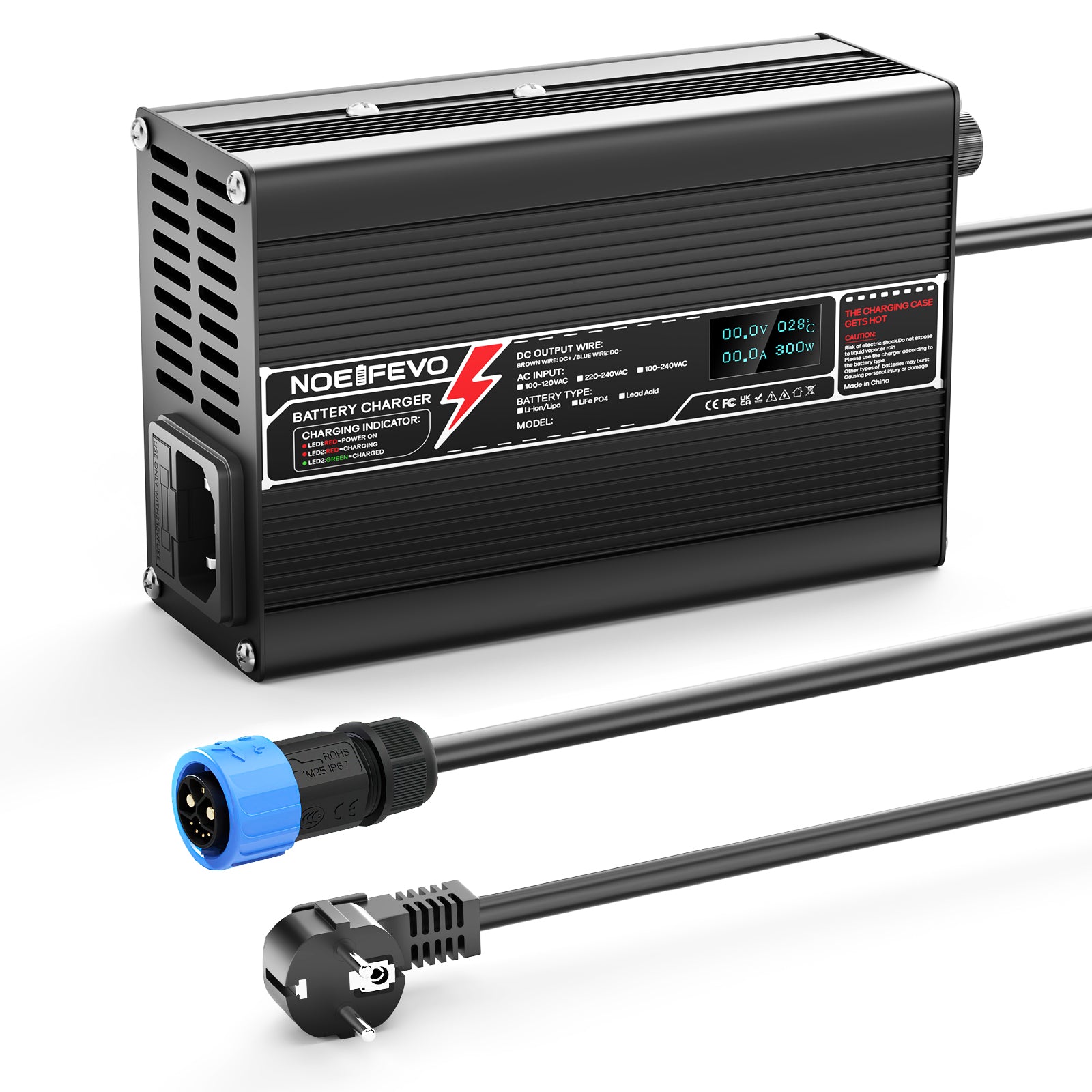 NOEIFEVO מטען ליתיום 29.2V 10A עבור סוללת Li-Ionen Lipo 7S 25.9V, מטען לאופניים חשמליים, תצוגת LED, גוף אלומיניום, מאוורר