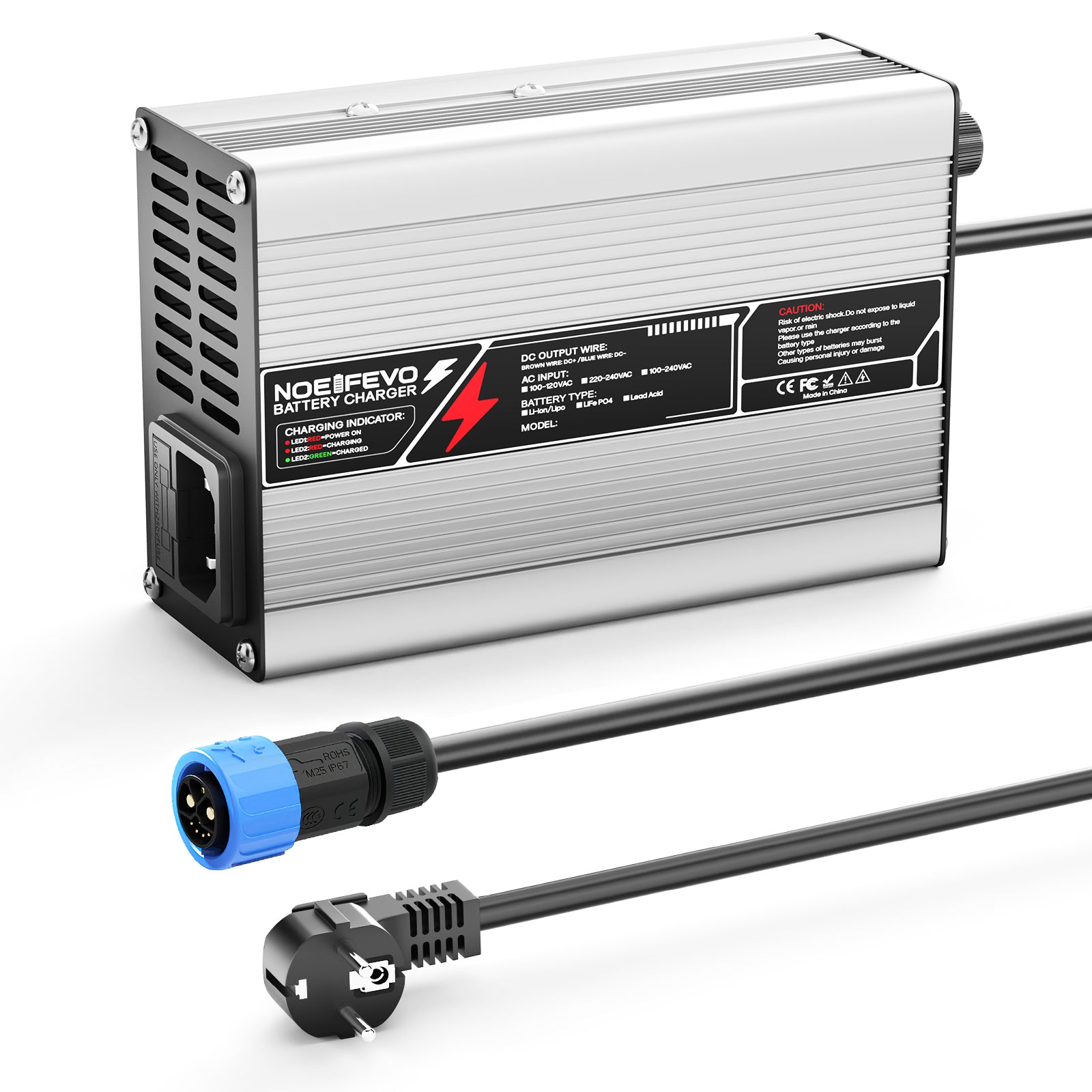 NOEIFEVO 33,6V 2A 3A 4A 5A Lithium-oplader til 8S 29,6V Li-Ion Lipo-batterier, med køleventilator, automatisk slukning