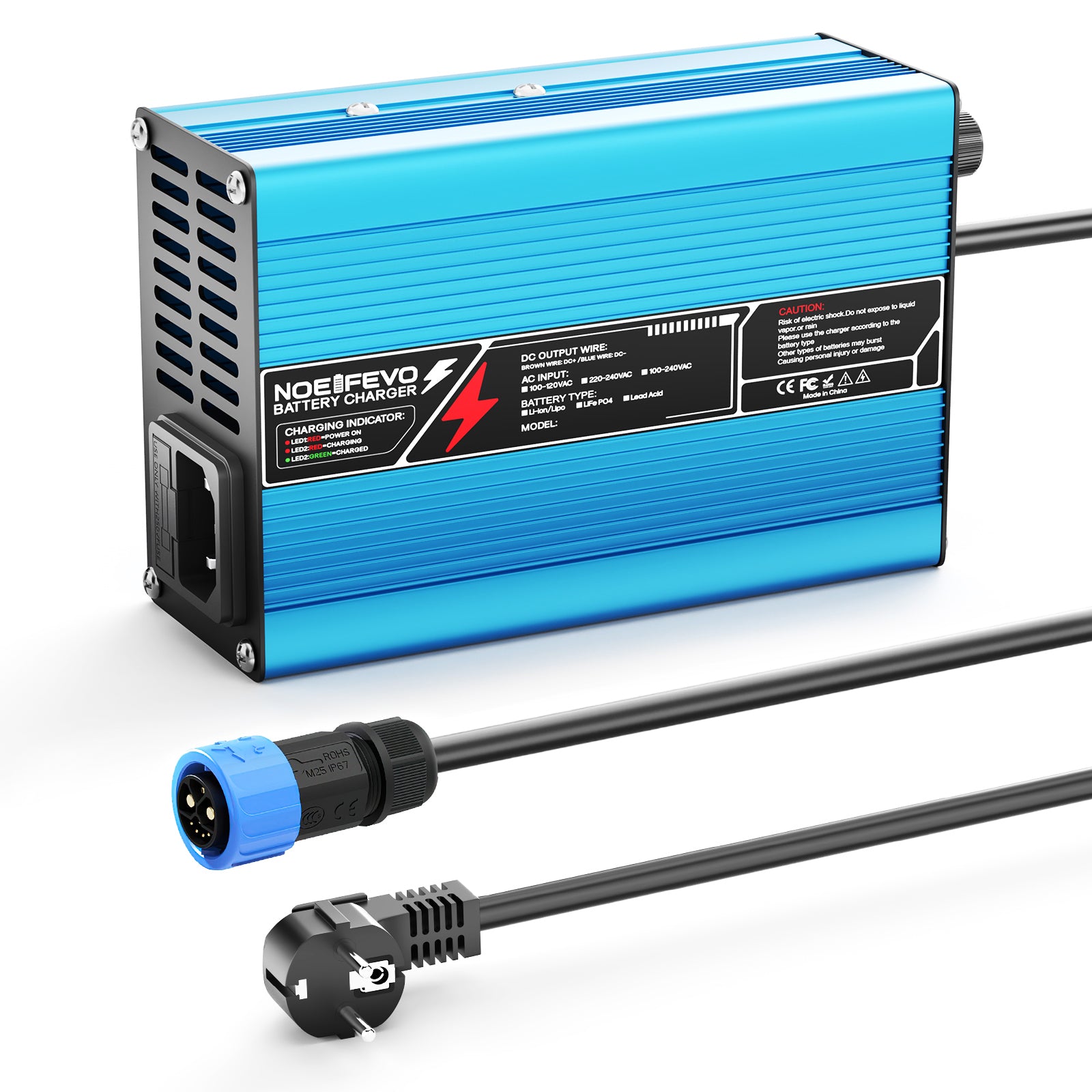 NOEIFEVO 25.2V 2A 3A 4A 5A Carregador de Lítio para Baterias Li-Ion Lipo 6S 22.2V, Ventilador de Resfriamento, Desligamento Automático (AZUL)