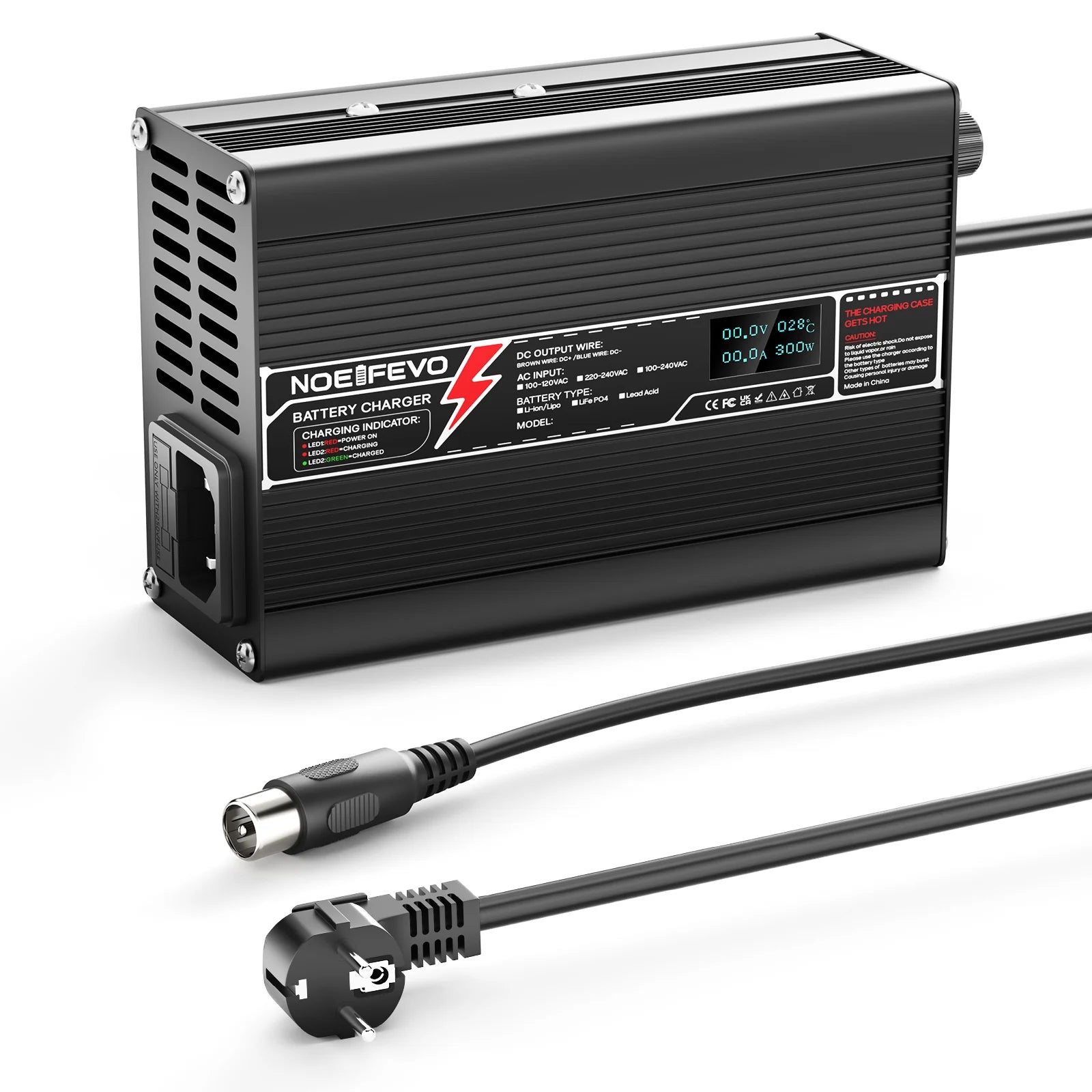 NOEIFEVO 14.6V 10A LiFePO4 Batterijlader voor 4S 12V 12.8V LiFePO4 Batterij, met LCD-scherm, Koelventilator, Automatische Uitschakeling