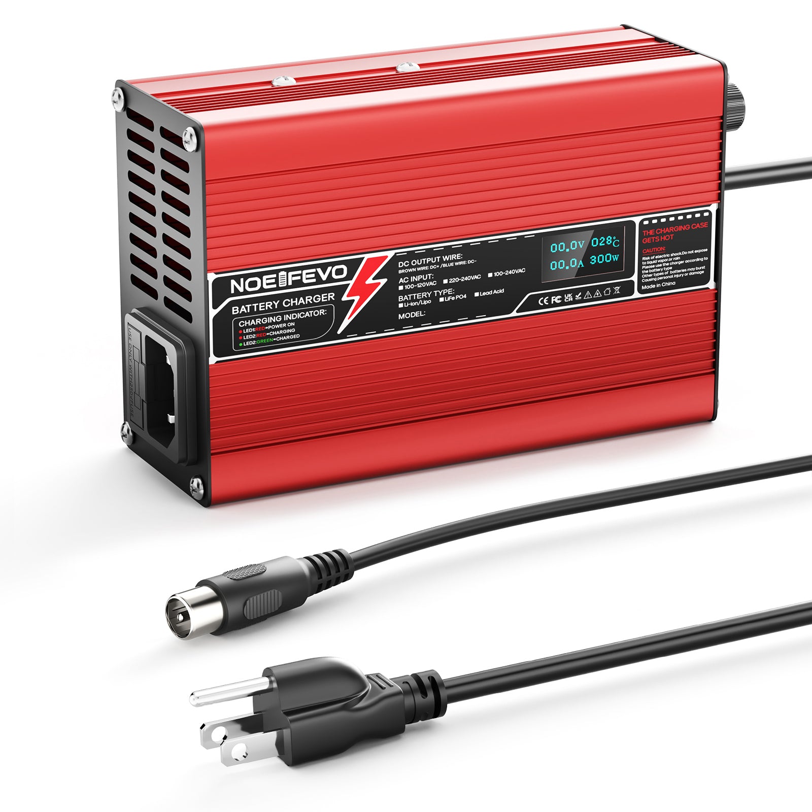 NOEIFEVO 58.8V 2A 2.5A 3A Cargador de Litio para baterías Li-Ion Lipo de 14S 51.8V, con pantalla LCD, ventilador de refrigeración, apagado automático (ROJO)