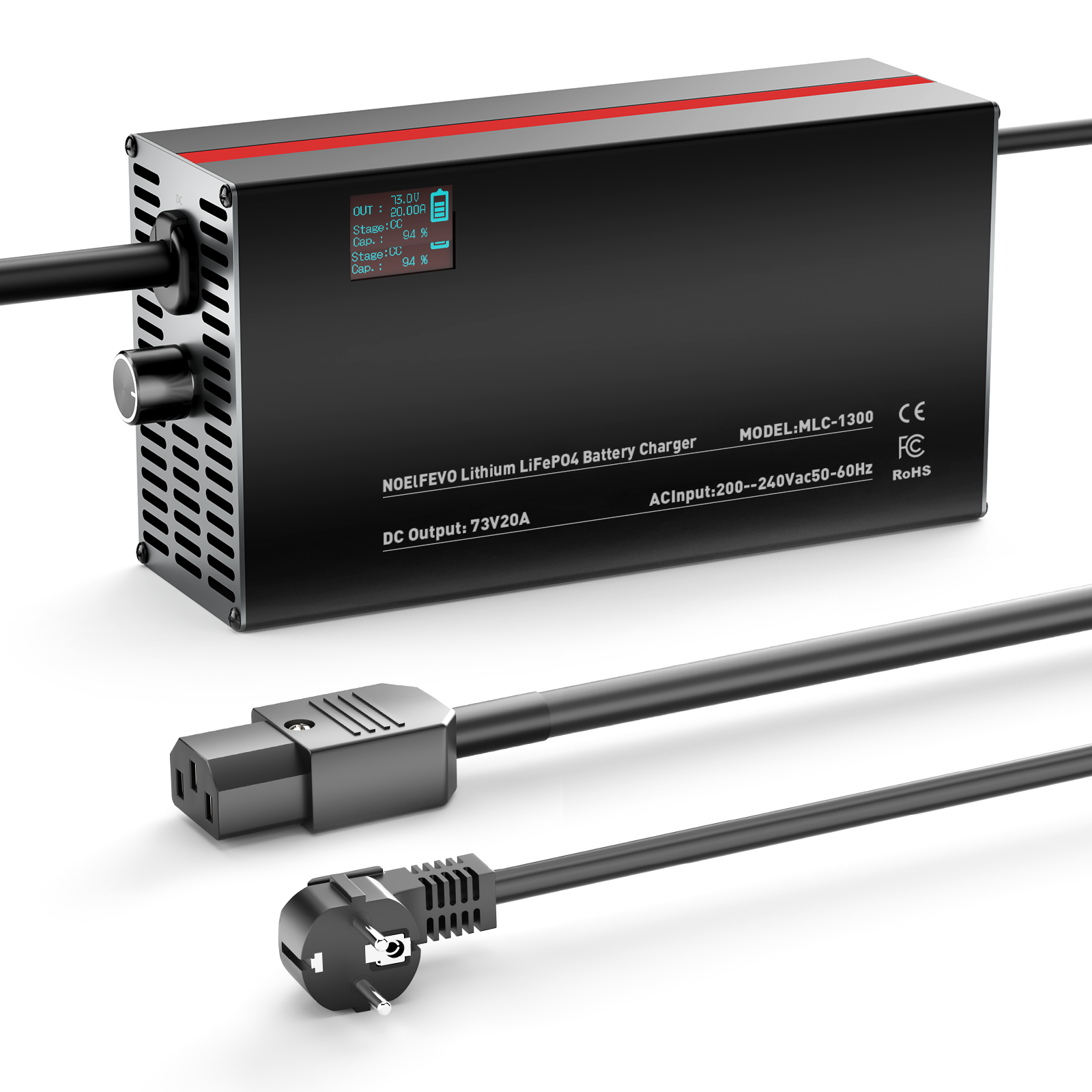 NOEIFEVO 73V 2-20A Lithium-LiFePO4-oplader til 60V 64V 20S LiFePO4-batteri, LCD-skærm, justerbar strøm, oplader til trollingmotor, båd og campingvogne