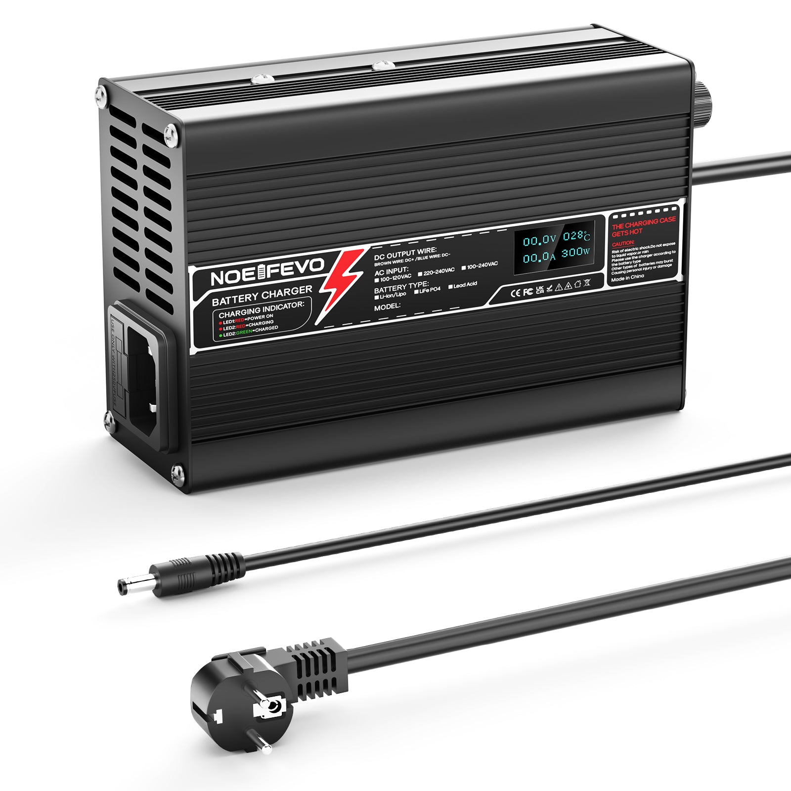 NOEIFEVO 50.4V 2.5A Lithium-batterilader til 12S 44.4V Li-Ion Lipo-batterier, med LCD-display, køleventilator og automatisk slukning