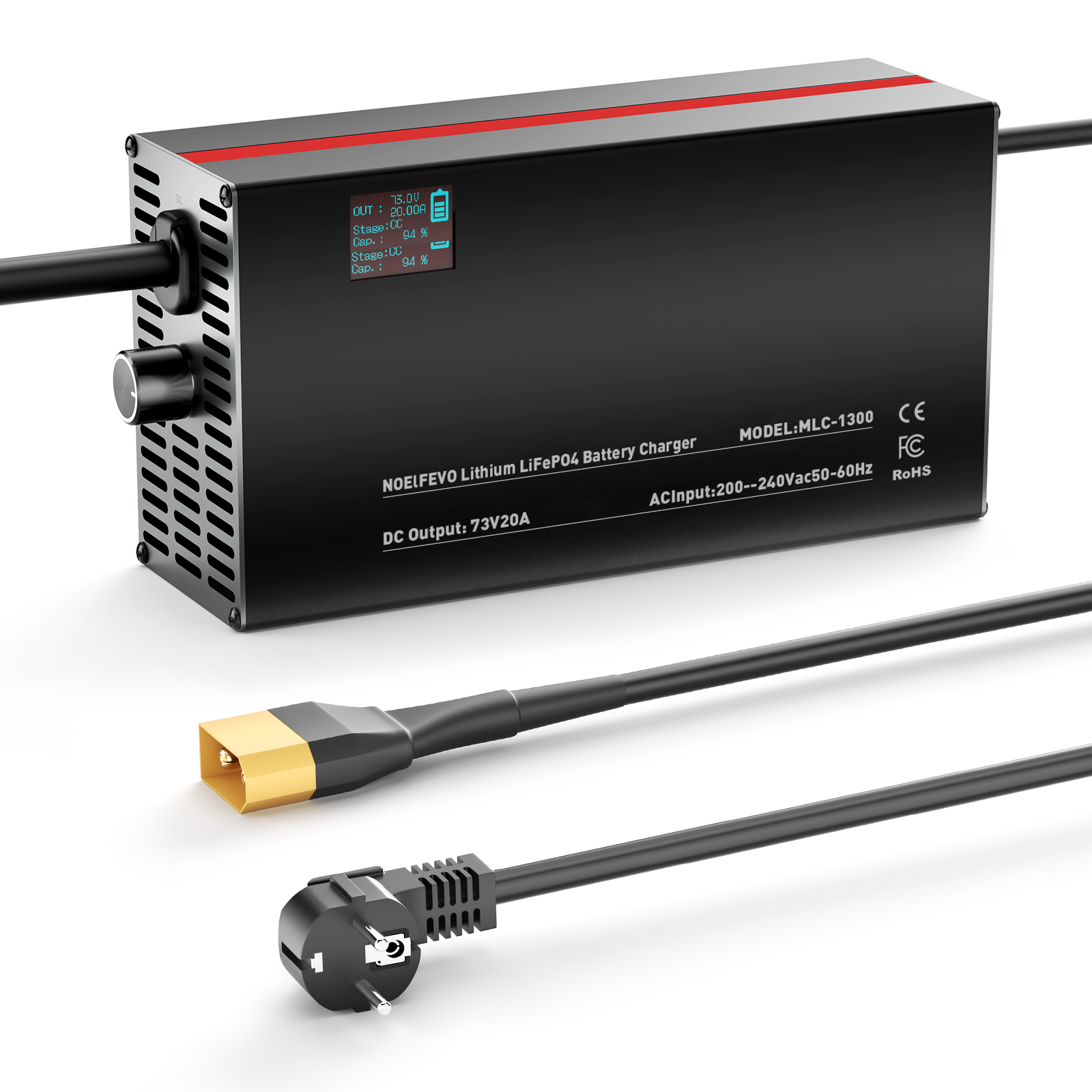 NOEIFEVO 73V 2-20A Lithium-LiFePO4-oplader til 60V 64V 20S LiFePO4-batteri, LCD-skærm, justerbar strøm, oplader til trollingmotor, båd og campingvogne