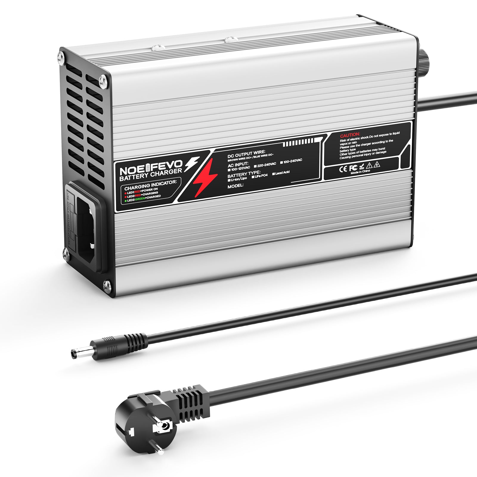 NOEIFEVO 50.4V 2A 2.5A 3A lithiumová nabíječka pro 12S 44.4V Li-Ion Lipo baterie, chladicí ventilátor, automatické vypnutí