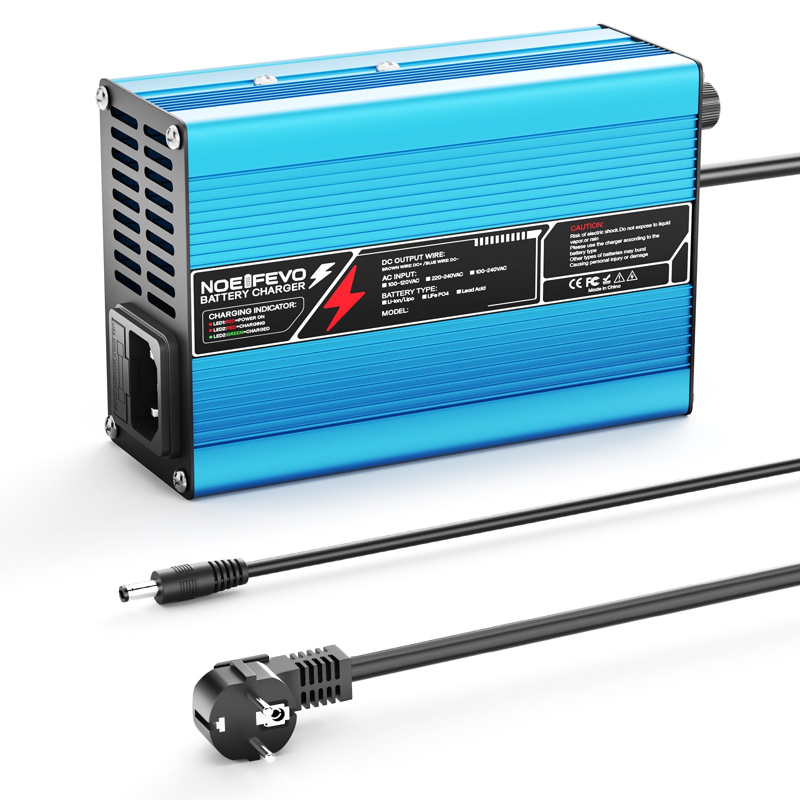 Cargador de litio NOEIFEVO 33.6V 2A 3A 4A 5A para baterías Li-Ion Lipo 8S 29.6V, ventilador de enfriamiento, apagado automático (AZUL)