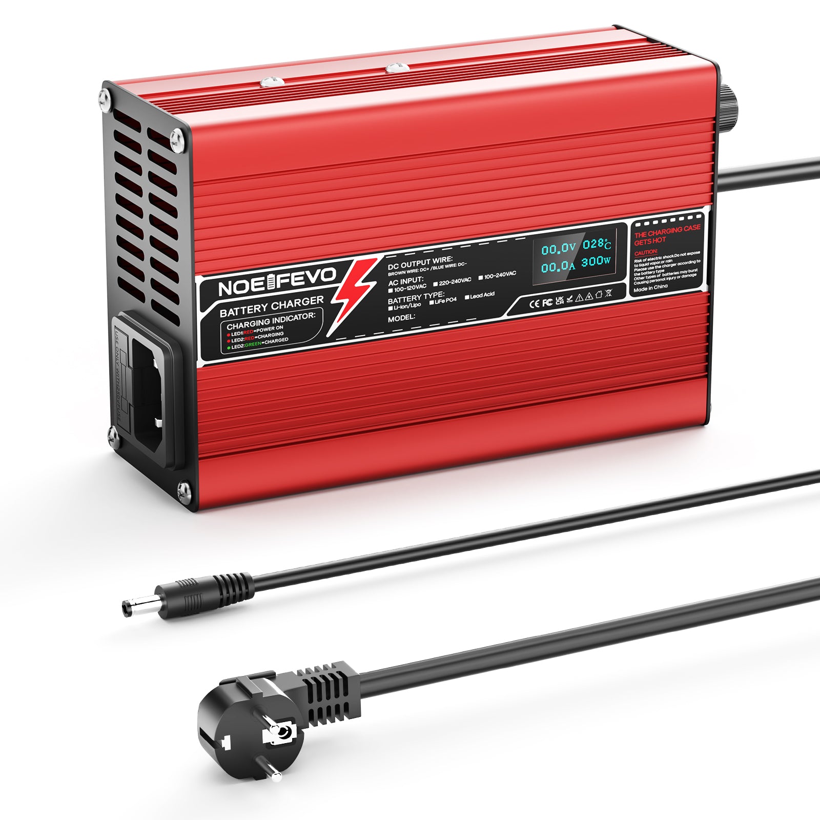 NOEIFEVO 50.4V 2A 2.5A 3A Lithium-lader til 12S 44.4V Li-Ion Lipo-batterier, med køleventilator, automatisk slukning (RØD)