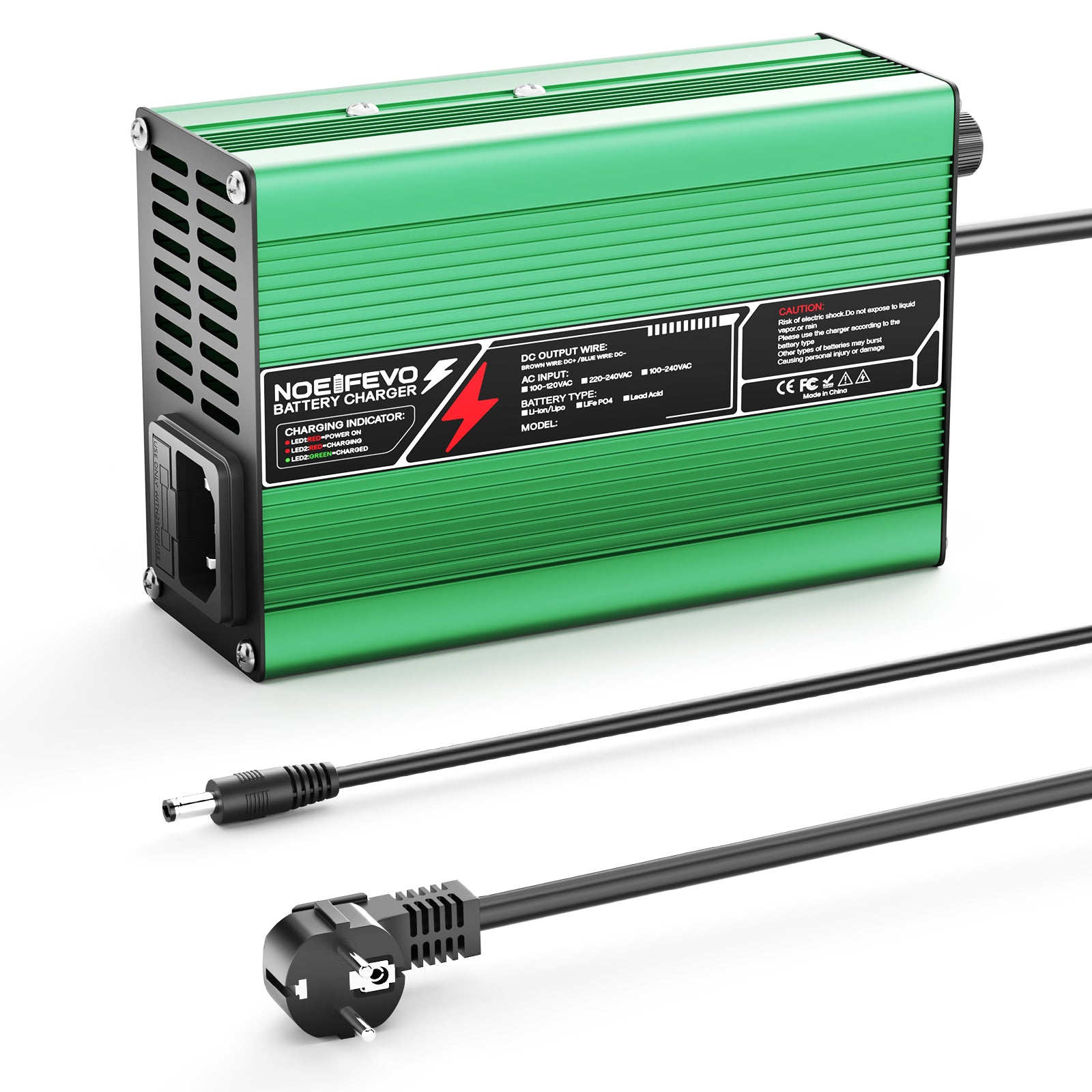 NOEIFEVO מטען ליתיום 29.4V 2A 3A 4A 5A עבור סוללות Li-Ion Lipo 7S 25.9V, מאוורר קירור, כיבוי אוטומטי (ירוק)