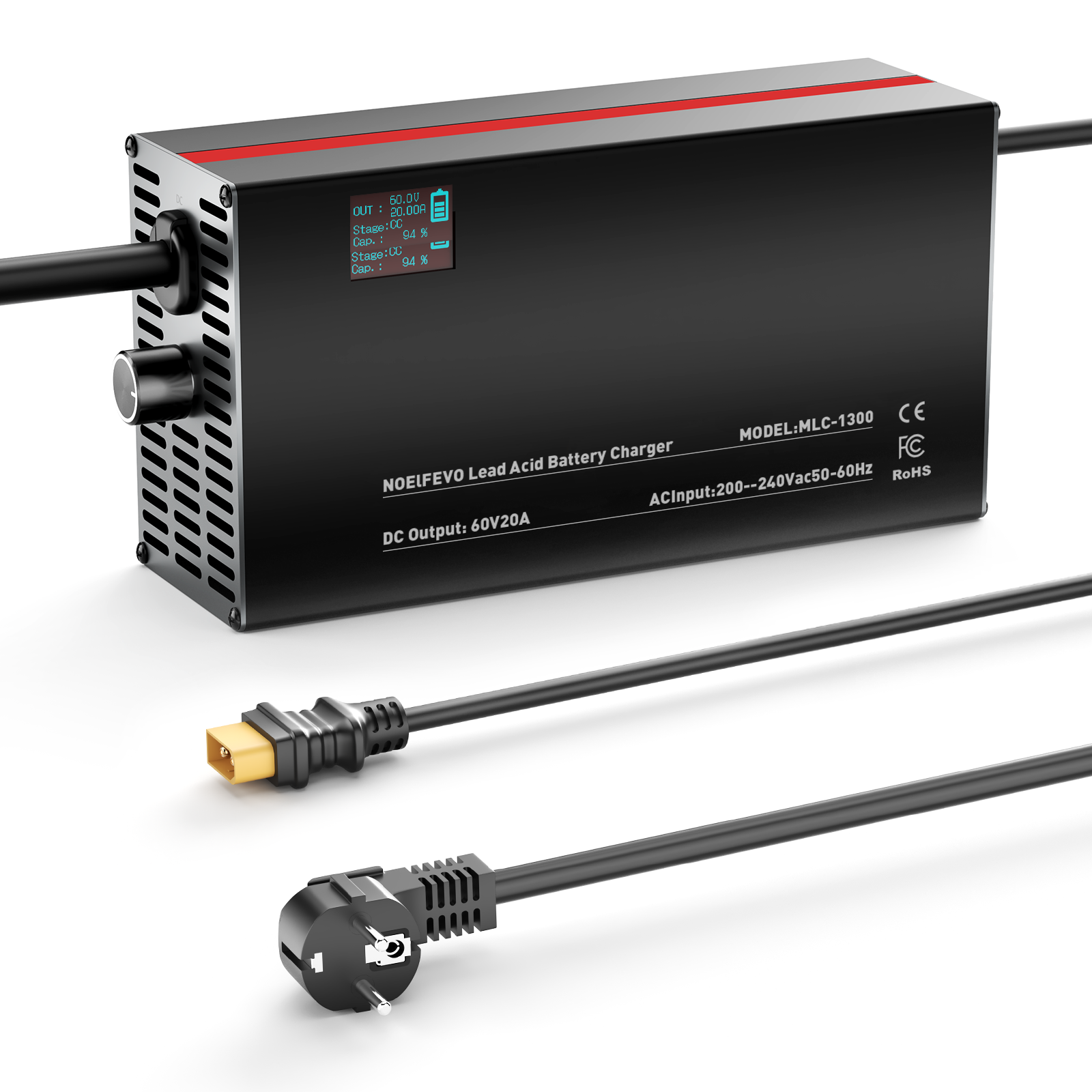 NOEIFEVO 48V 2A-20A Strømadjusterbart Batterilader for Blysyrebatterier, AGM, Gel, Golfbatterilader, LED-skjerm