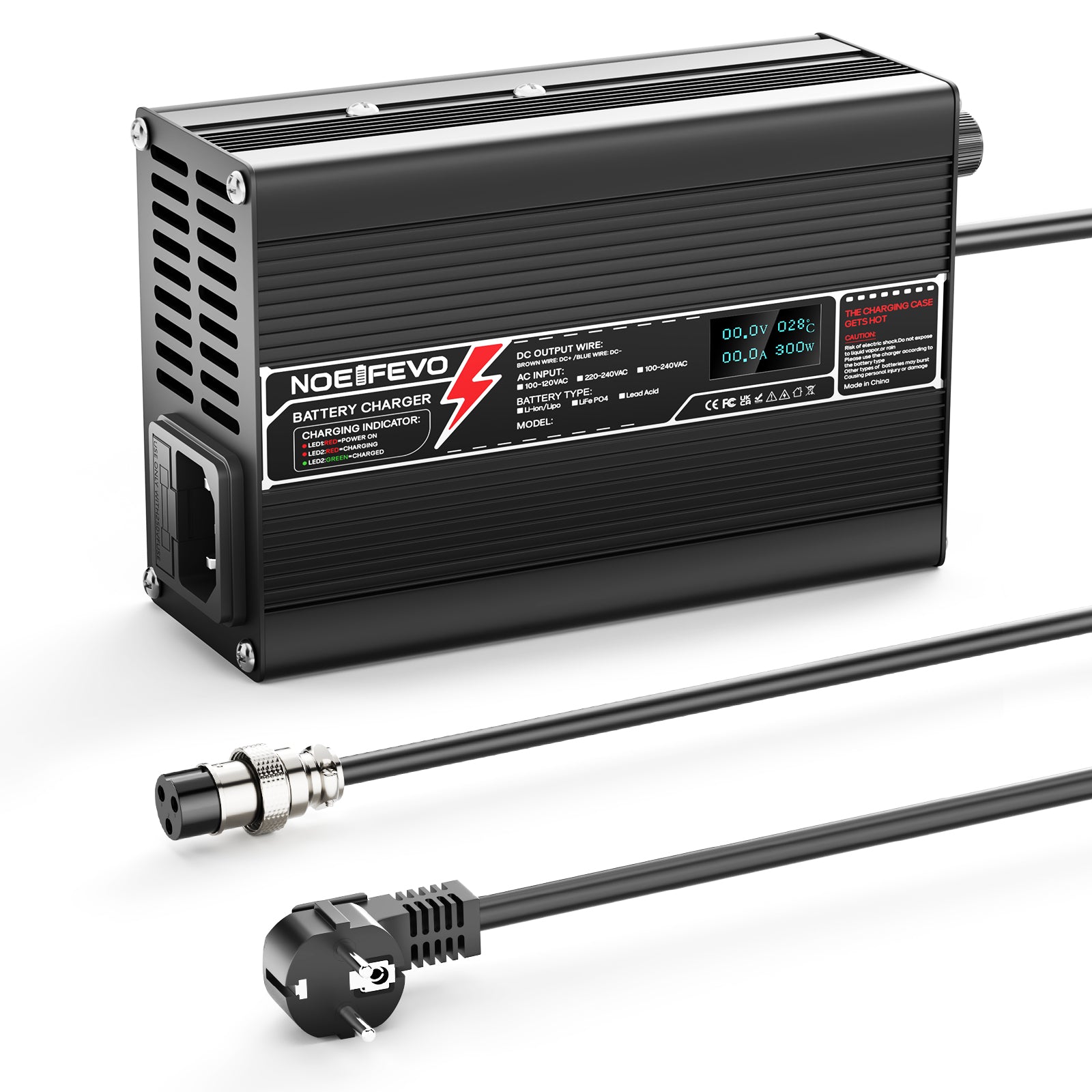 NOEIFEVO מטען ליתיום 29.2V 10A עבור סוללת Li-Ionen Lipo 7S 25.9V, מטען לאופניים חשמליים, תצוגת LED, גוף אלומיניום, מאוורר